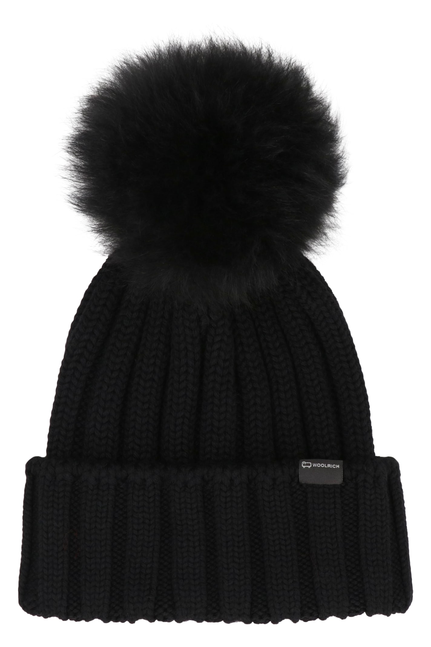 Woolrich Knitted Wool Beanie With Pom-pom In Black