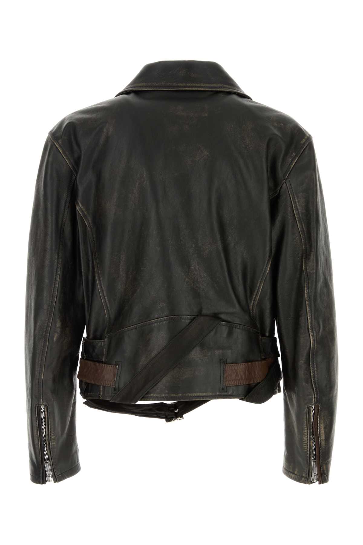 Dsquared2 Leather Jacket With Belted Waist And Pockets In Black