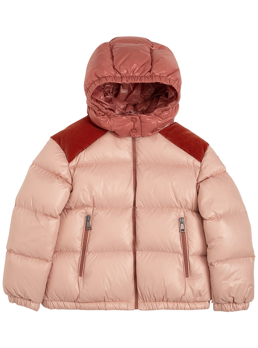 Moncler Pink And Red Nylon Down Jacket With Logo Print