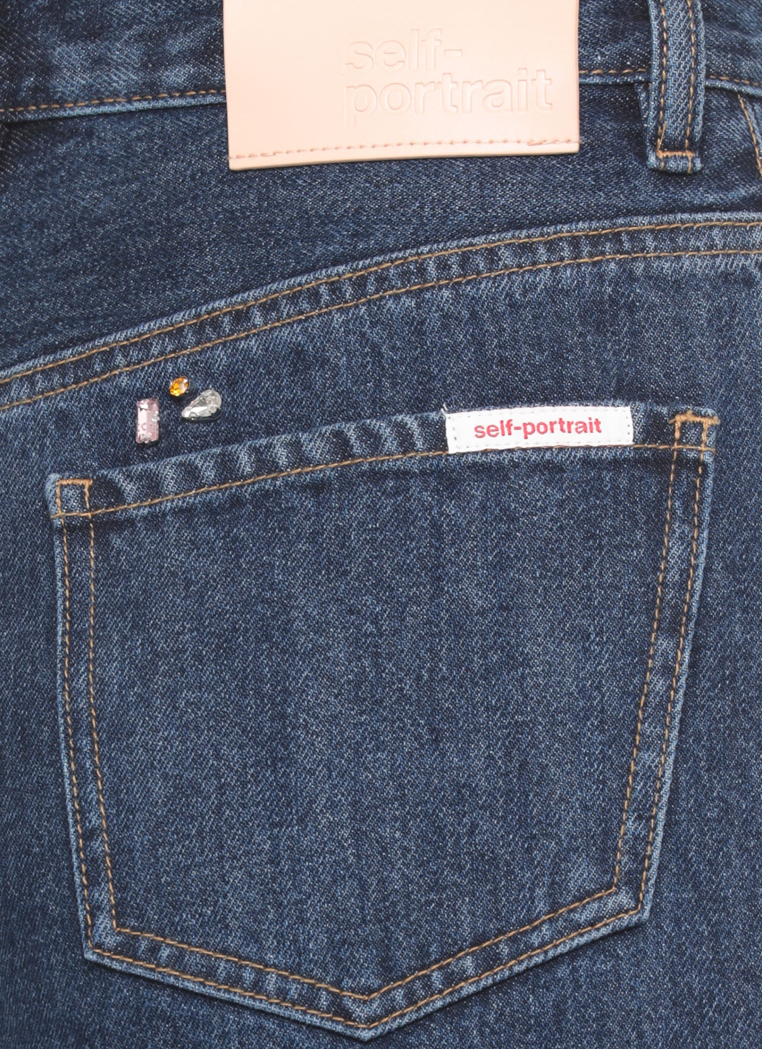 Self-portrait Wide-leg Cotton Jeans With Strass Floral Embellishments In Blue