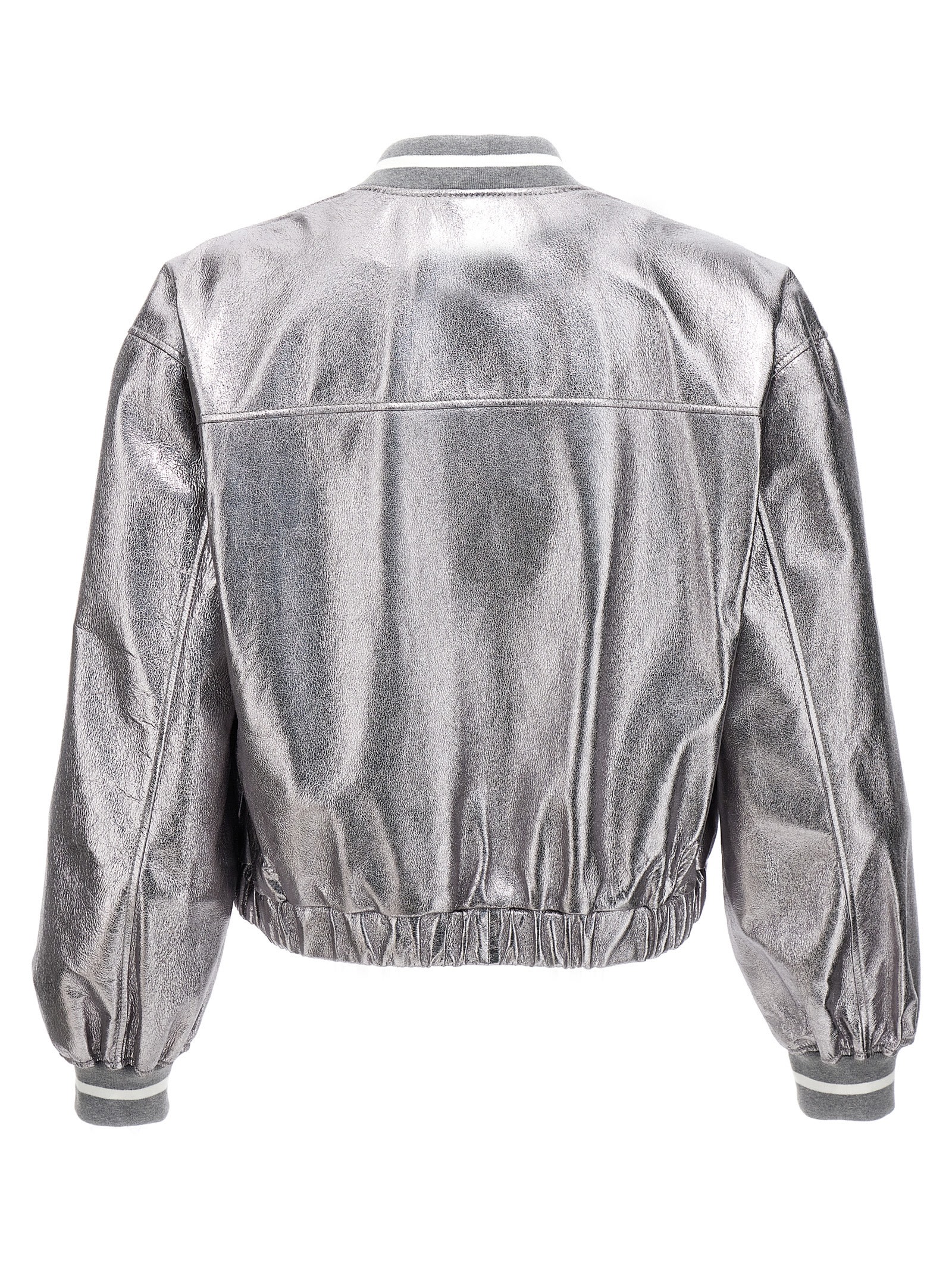 Brunello Cucinelli Laminated Leather Bomber Jacket Puffer Jackets Silver In Silver