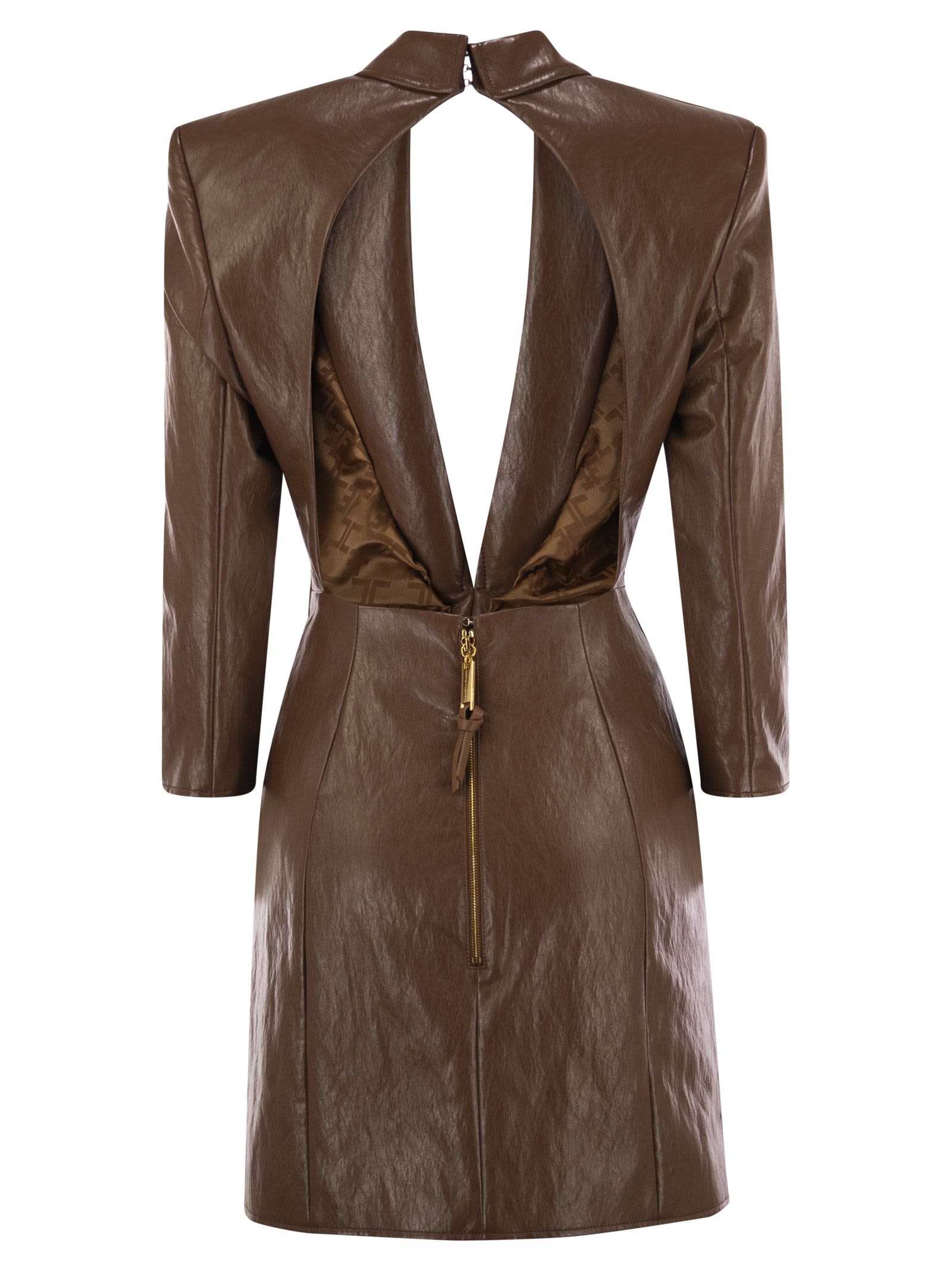 Elisabetta Franchi Crackled Leather-effect Dress With Lapels In Brown