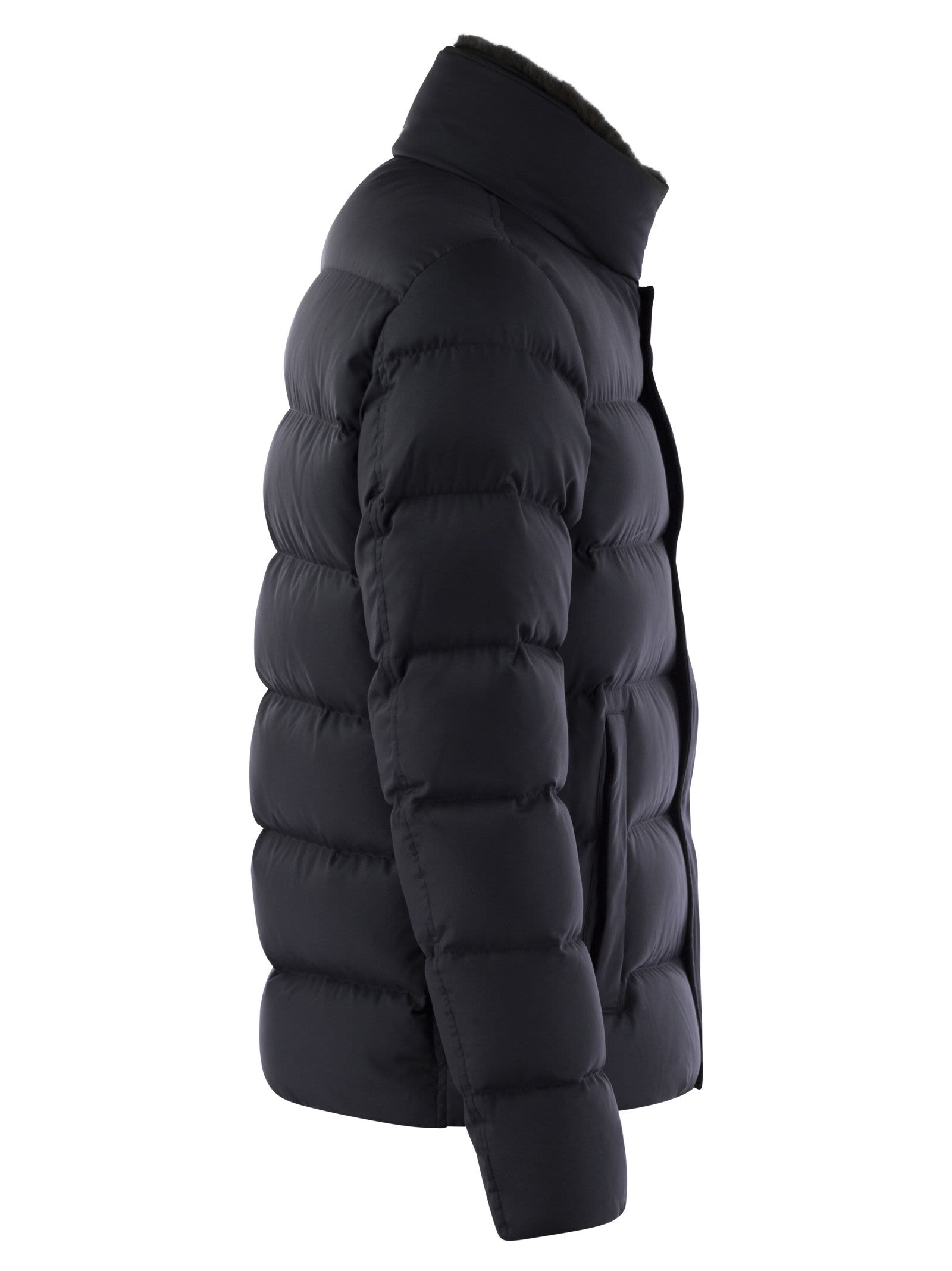 Shop Herno Short Down Jacket With Detachable Fur Insert In Navy Blue