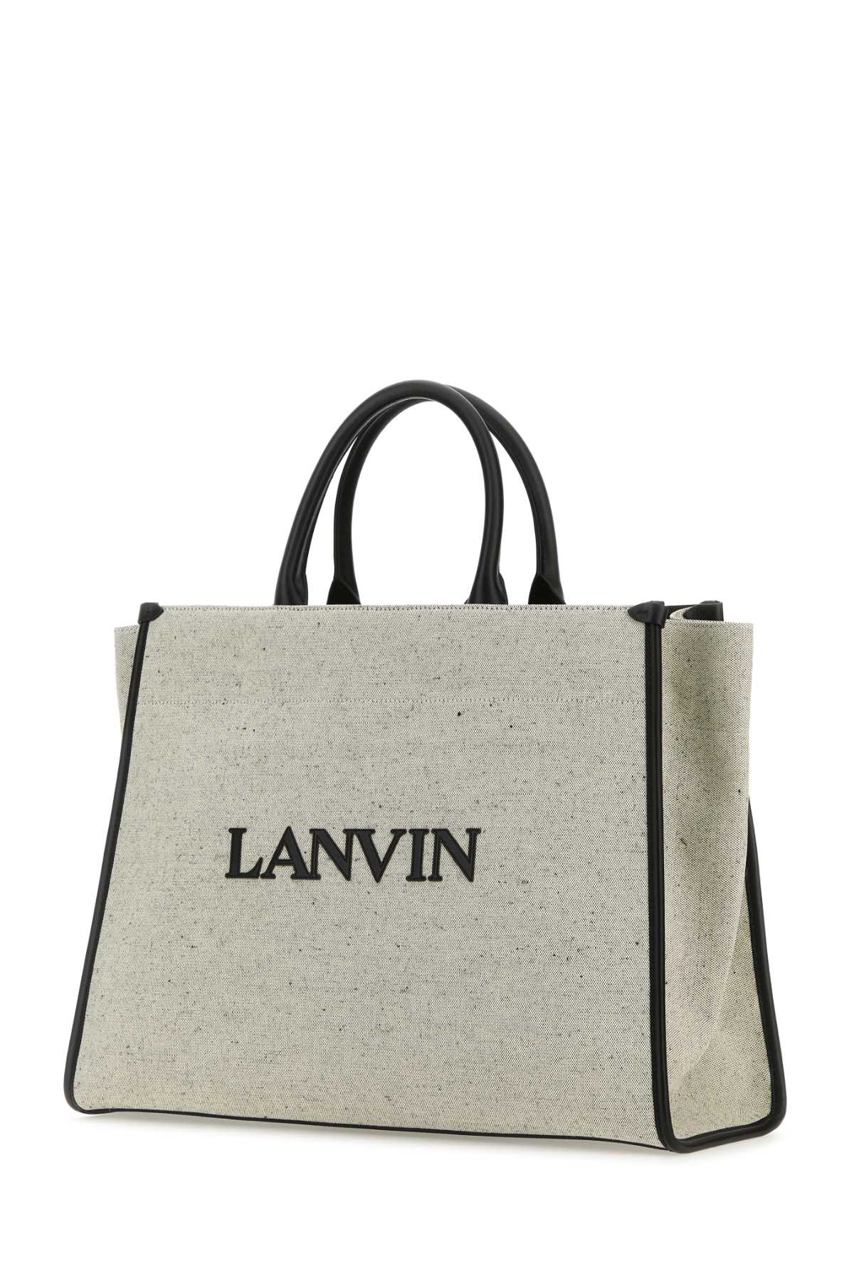 Shop Lanvin Melange Grey Cotton Blend Medium In & Out Shopping Bag In Beigeblack