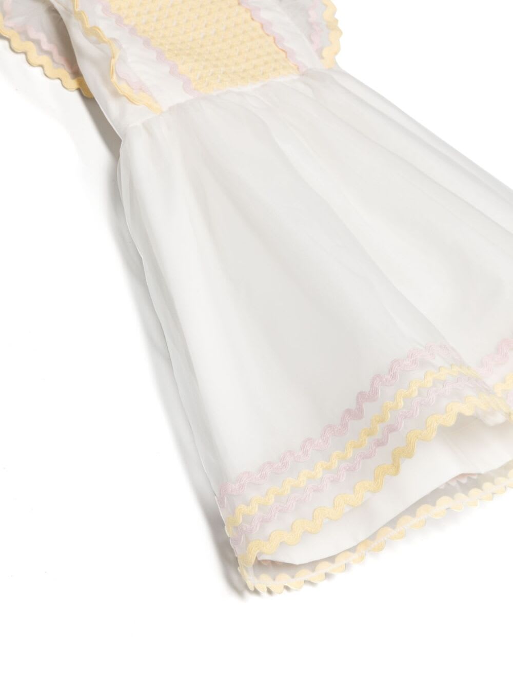 Shop Stella Mccartney Ruffled Dress With Zig-zag Detail In White And Yellow Cotton Baby