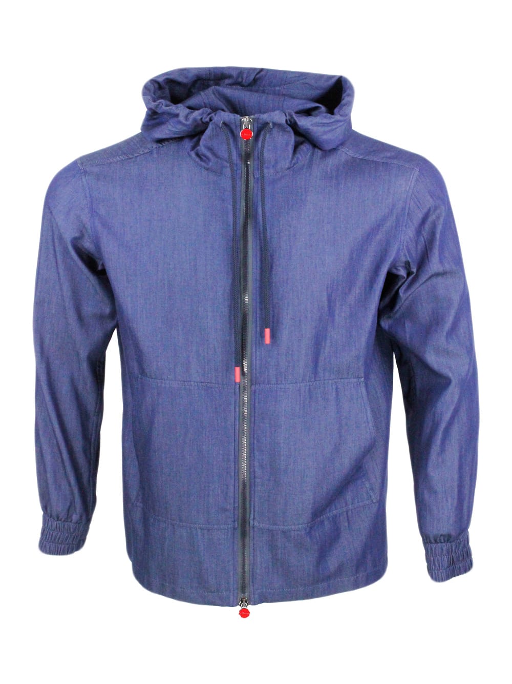 Shop Kiton Super Light Sweatshirt Jacket With Hood In Very Soft Denim-effect Cotton Fabric With Zip Closure Wit In Blu Denim