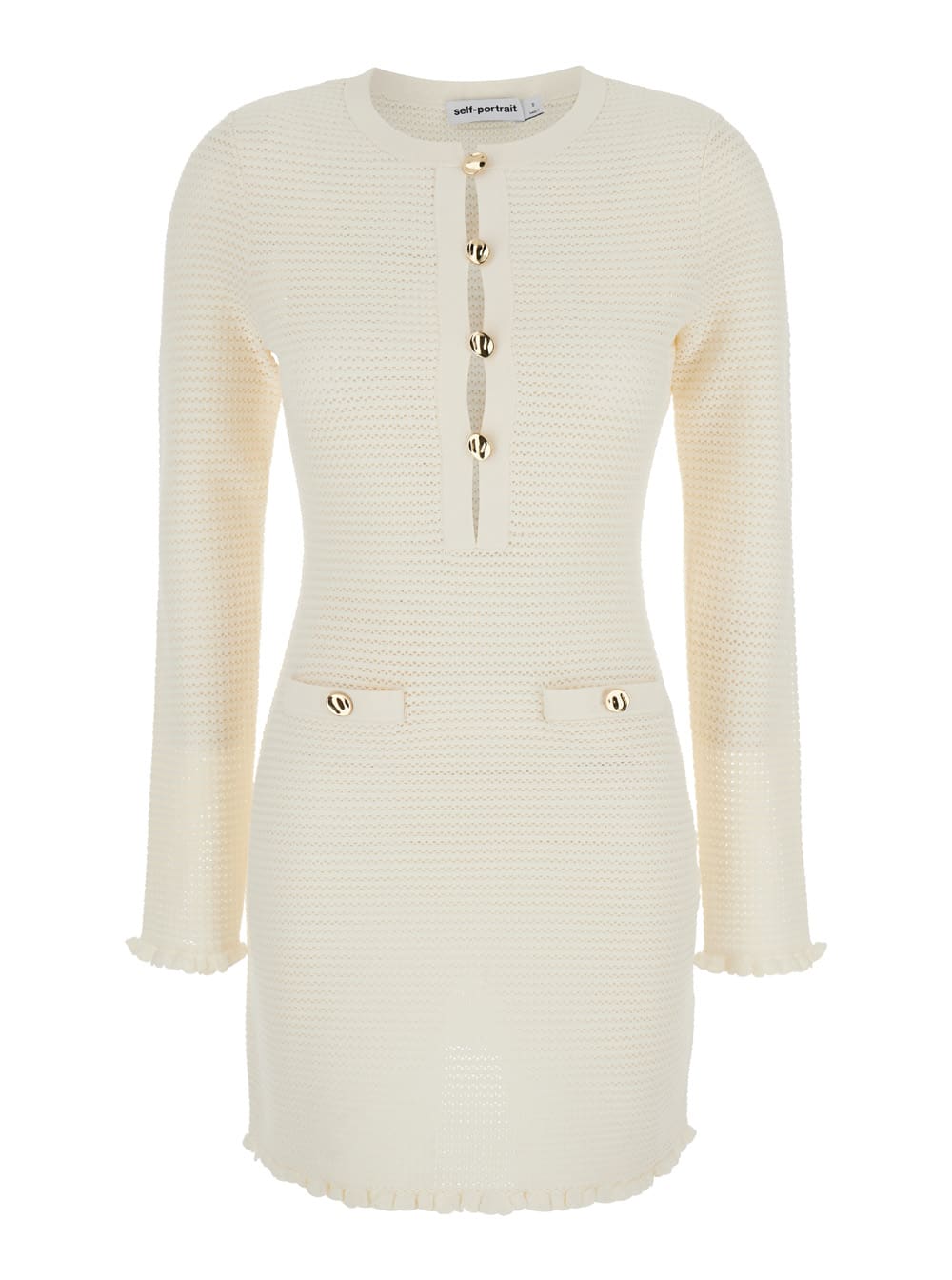Mini White Knit Dress With Buttons In Fabric Woman
