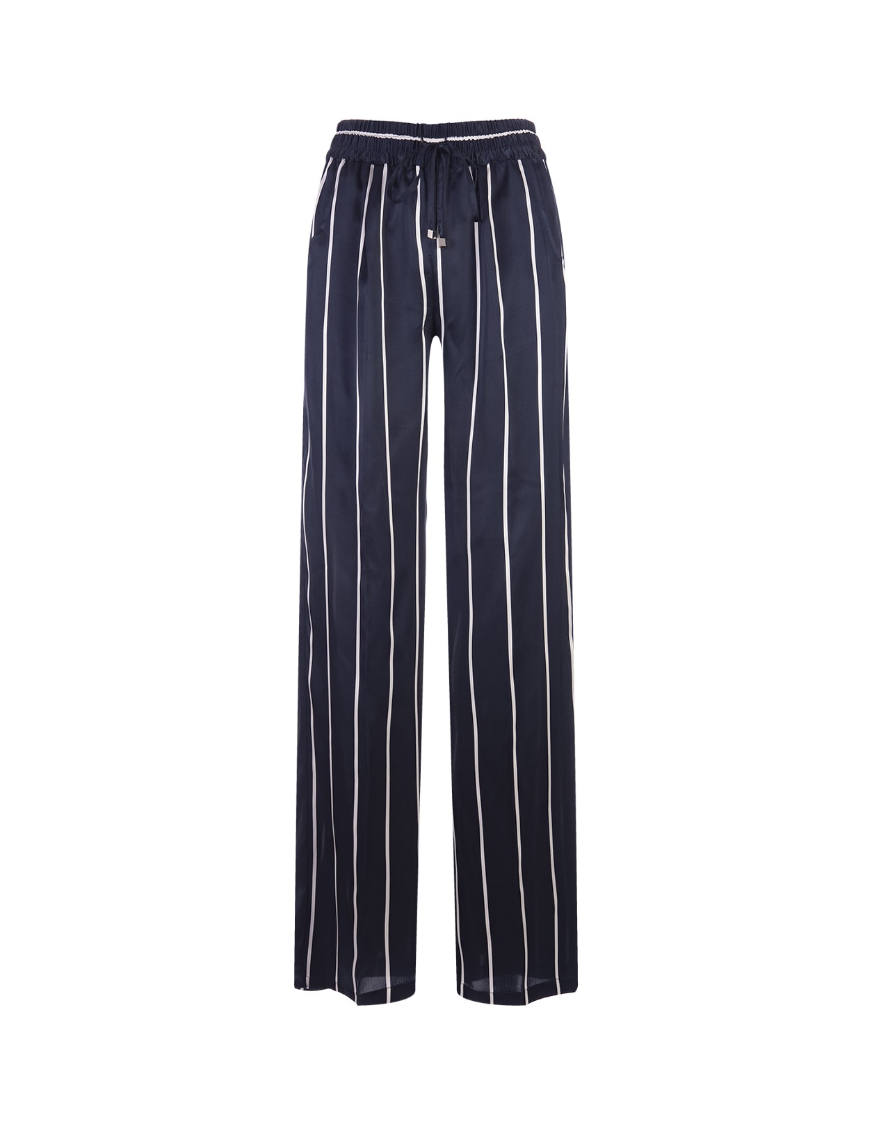 Navy Blue Striped Silk Drawstring Trousers