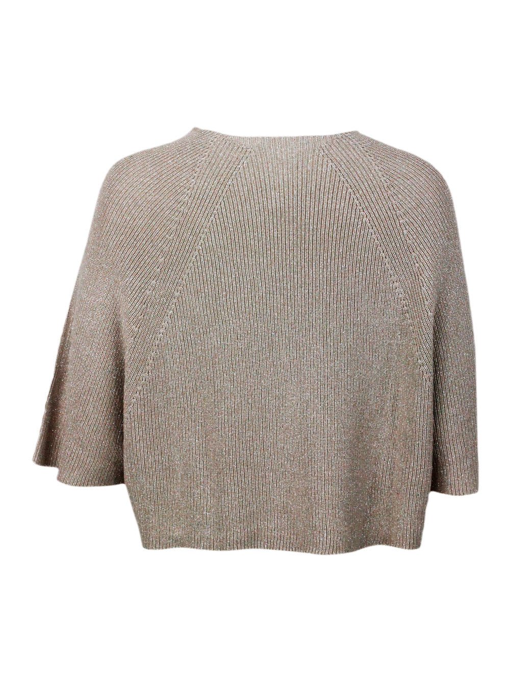 Shop Fabiana Filippi Boat Neck Sweater With Wide Sleeves With Half English Rib Knit In Cotton Embellished With Bright Lur In Beige