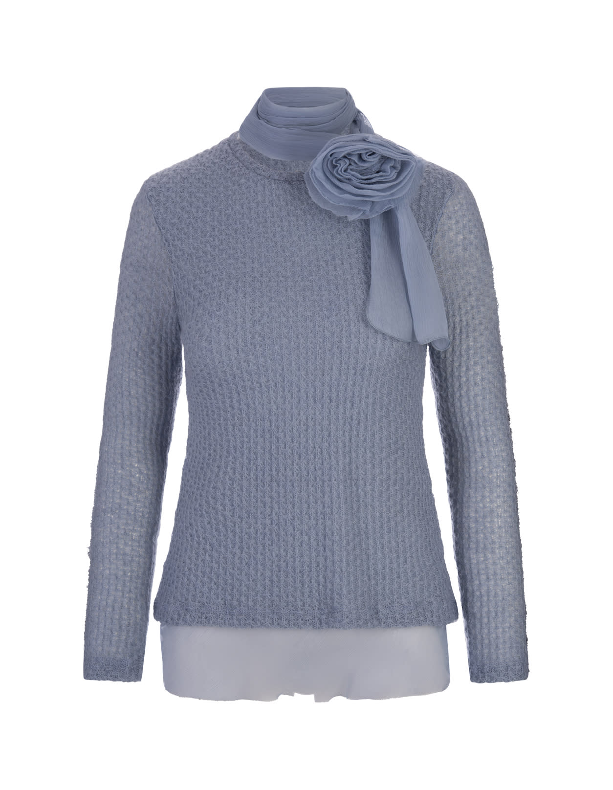 Shop Ermanno Scervino Light Blue Long-sleeved Top With Silk Flower