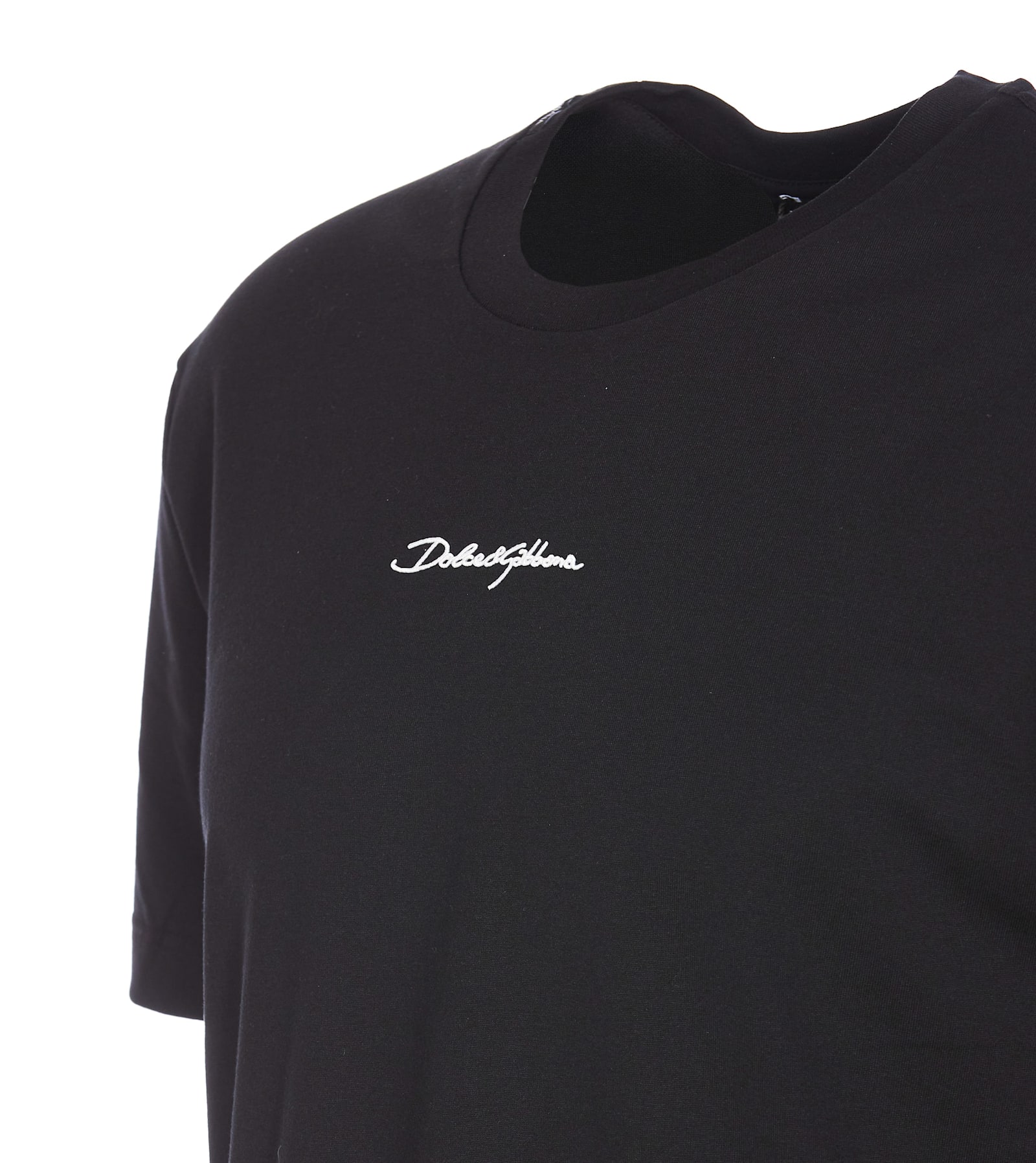 Dolce & Gabbana Black Crewneck T-shirt With Signature Logo In Cotton Man In Black