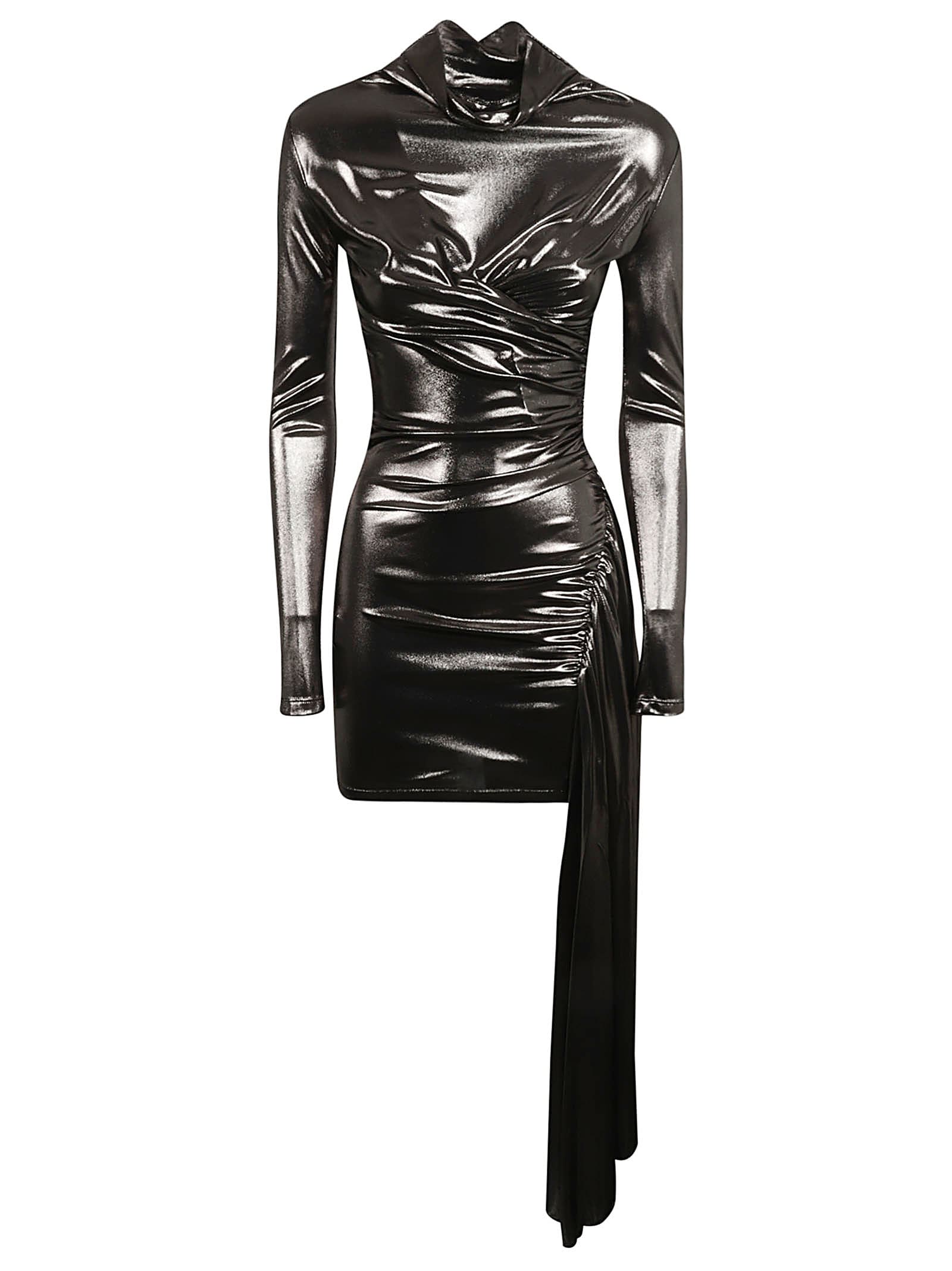 Shop Blumarine Ruffle Detail Metallic Longsleeved Dress In Silver