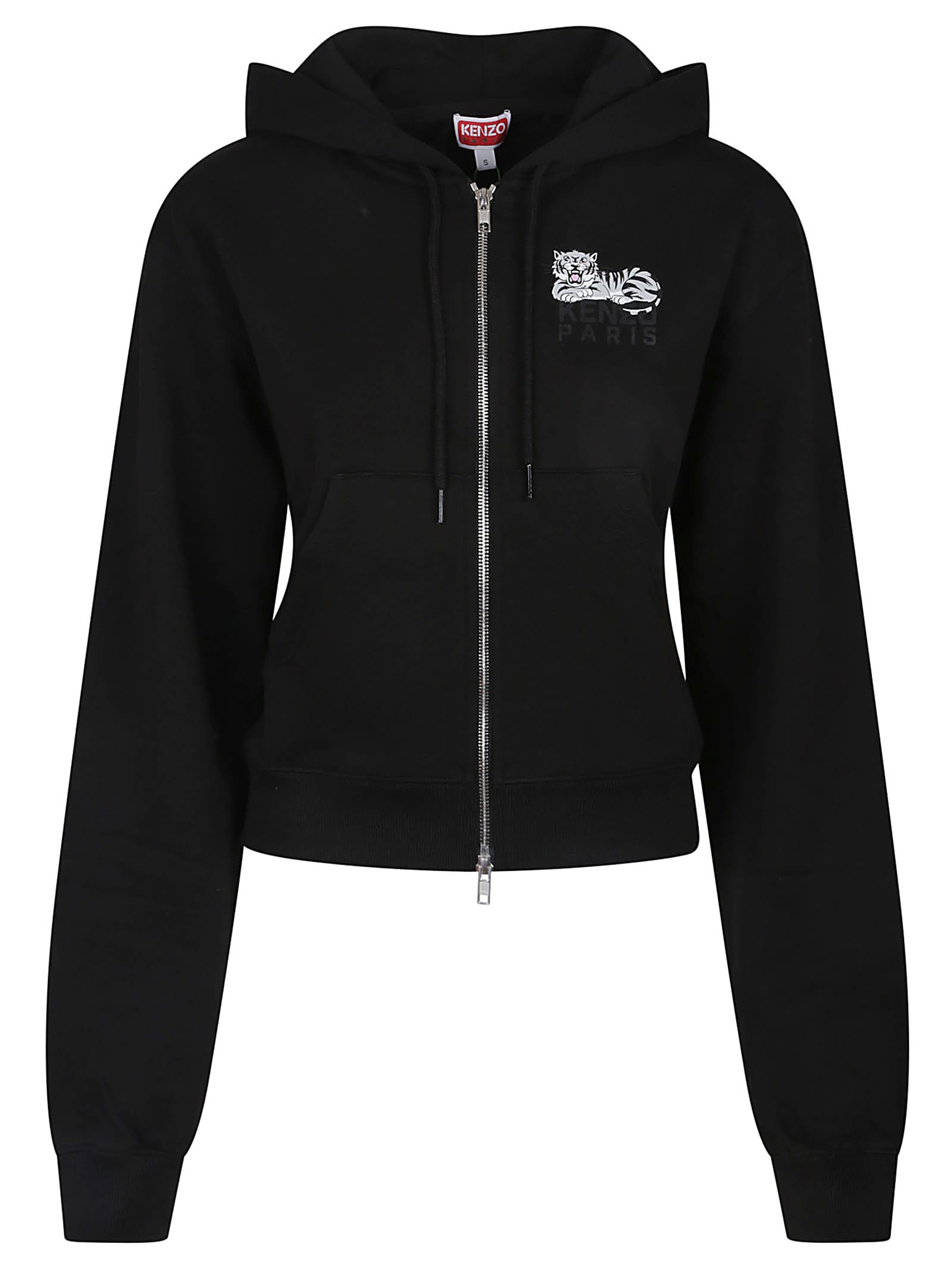 Kenzo Happy Tiger Short Zip Up Sweatshirt In Black