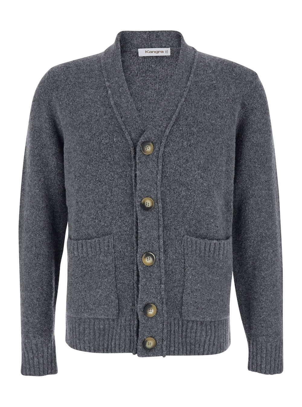 Kangra Cashmere Grey V-neck Cardigan With Front Pockets In Wool Man In Gray