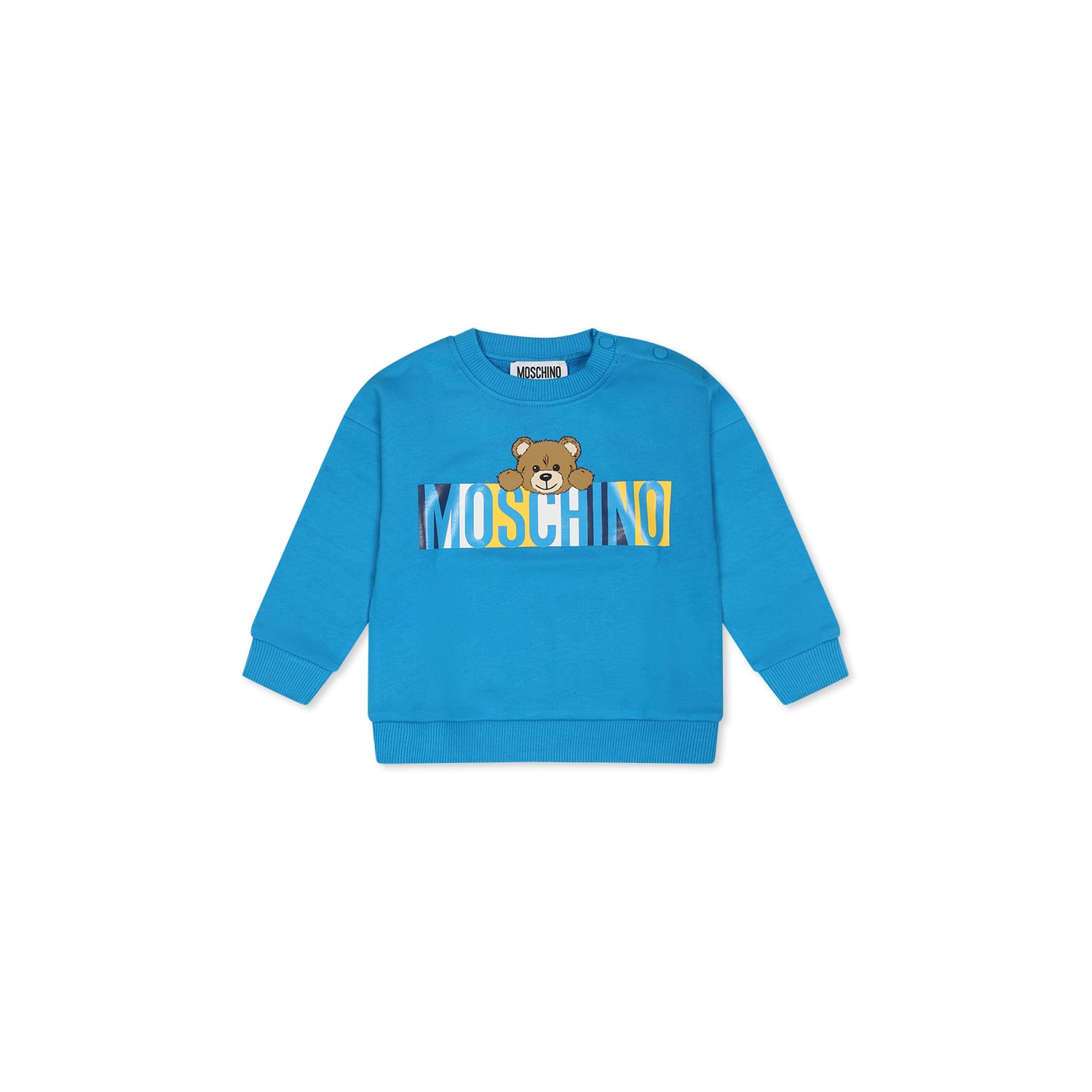 Moschino Light Blue Sweatshirt For Baby Boy With Teddy Bear In Light Blue