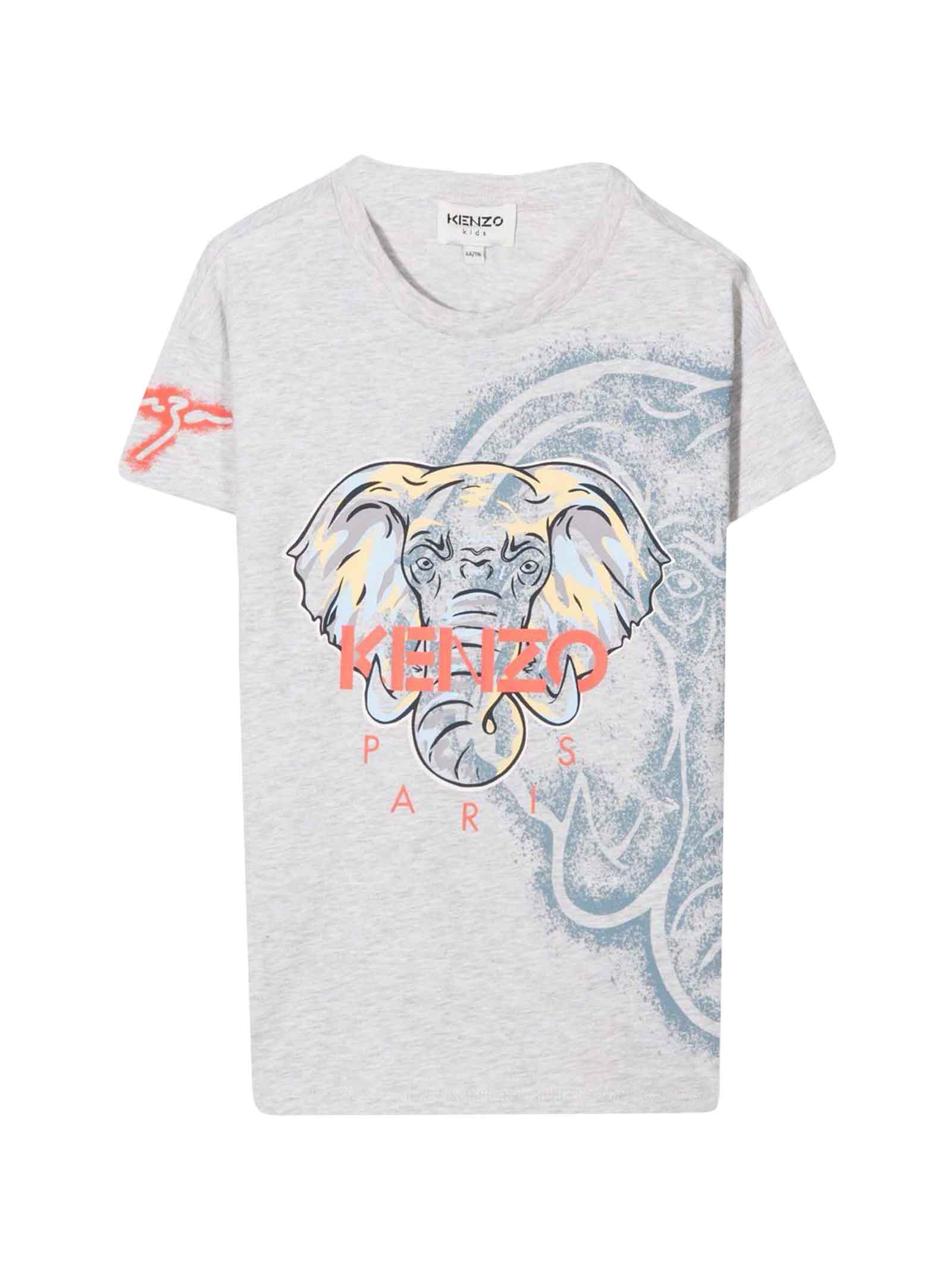 Kenzo Kids Gray Unisex T-shirt With Elephant Print On The Chest, Short Sleeves, Crew Neck And Straight Hem By.