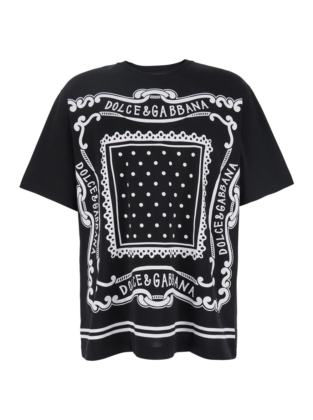 Dolce & Gabbana Black Crewneck T-shirt With Bandana Print All-over In Black