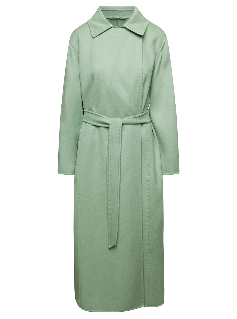 Max Mara Light Green Hans Long Coat With Belt In Wool Blend Woman