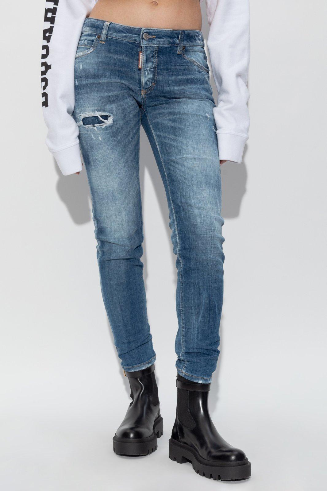 Shop Dsquared2 Distressed Medium Waist Jennifer Jeans In Blue