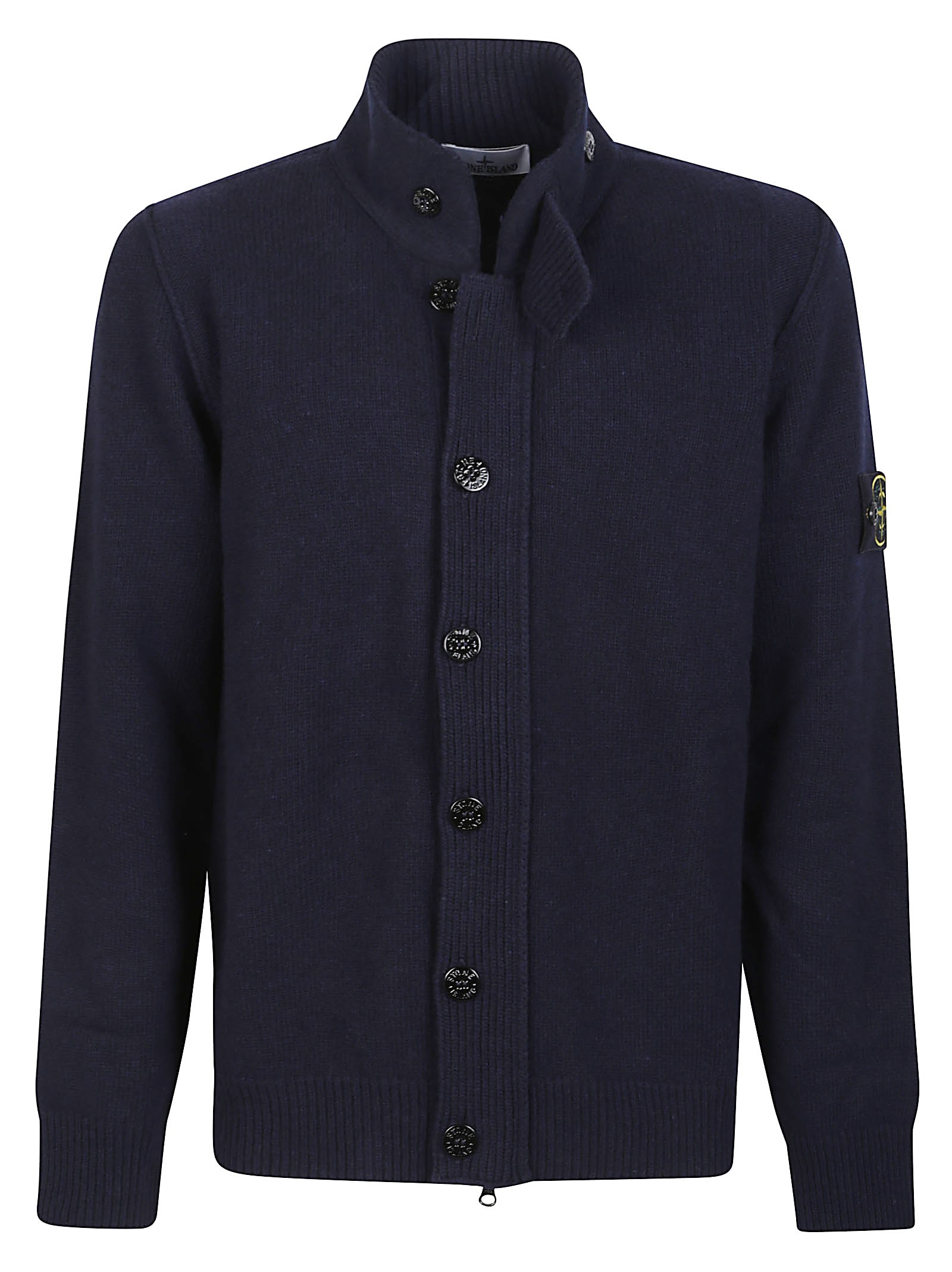 Stone Island High Collar Knit Sweater With Distinctive Logo Patch In Blue