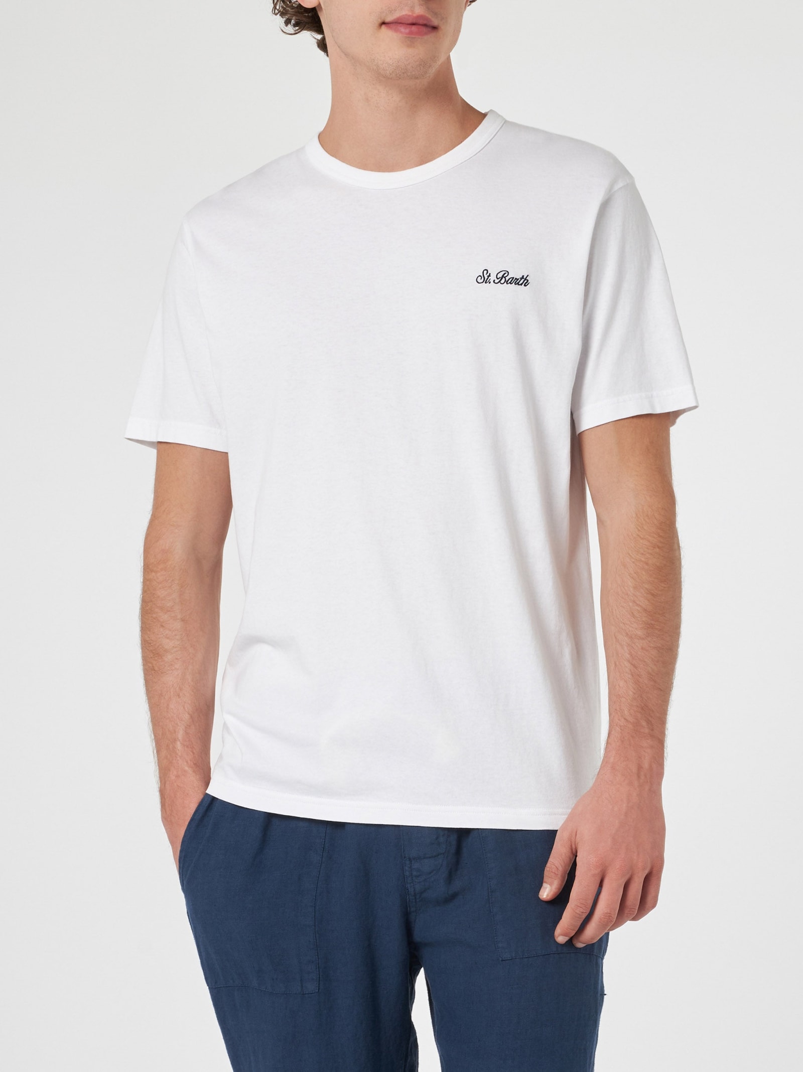 MC2 SAINT BARTH MAN WHITE COTTON JERSEY T-SHIRT DOVER WITH ST. BARTH EMBROIDERY
