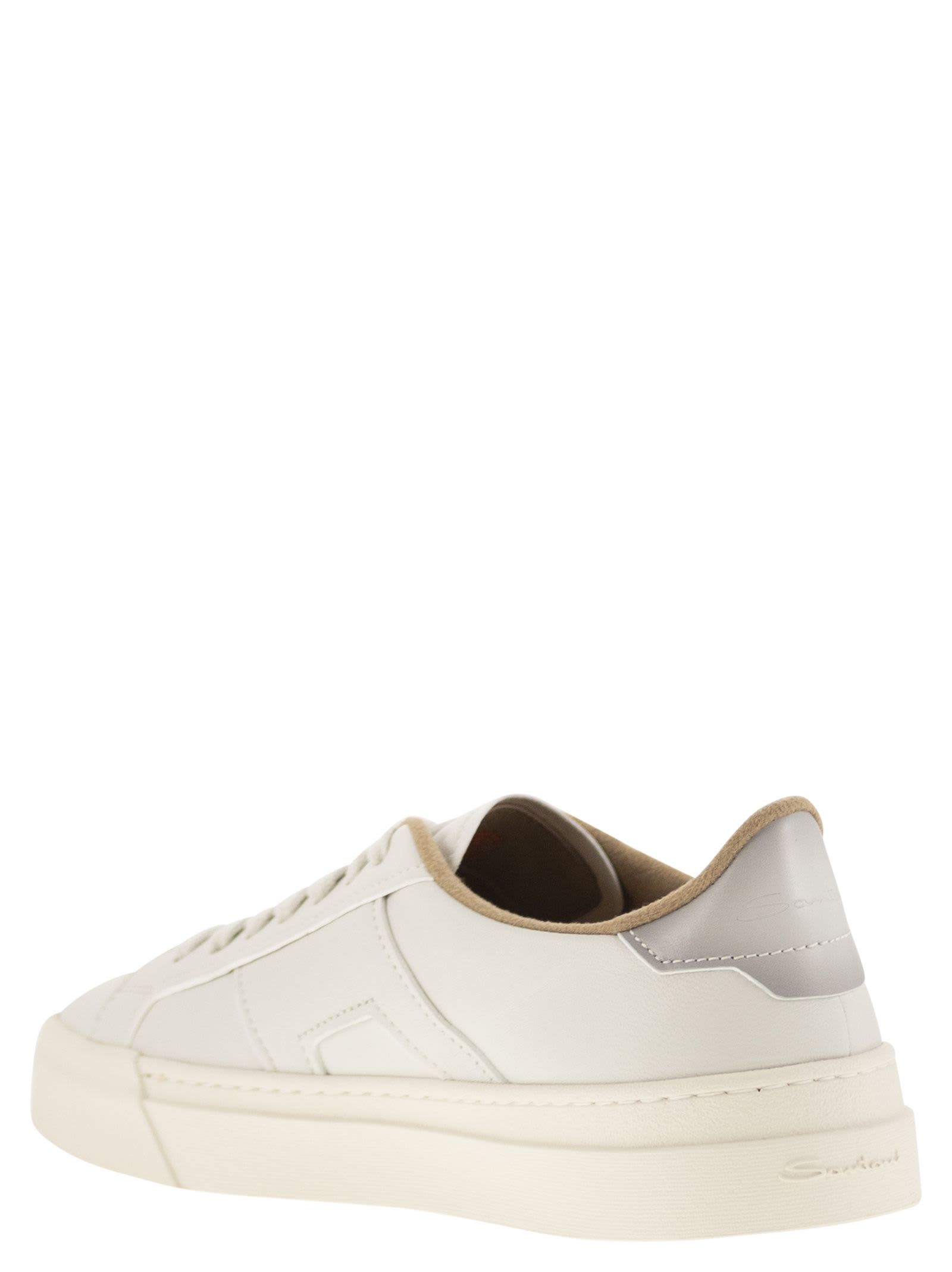 Santoni Tumbled Leather Double Buckle Trainer In White