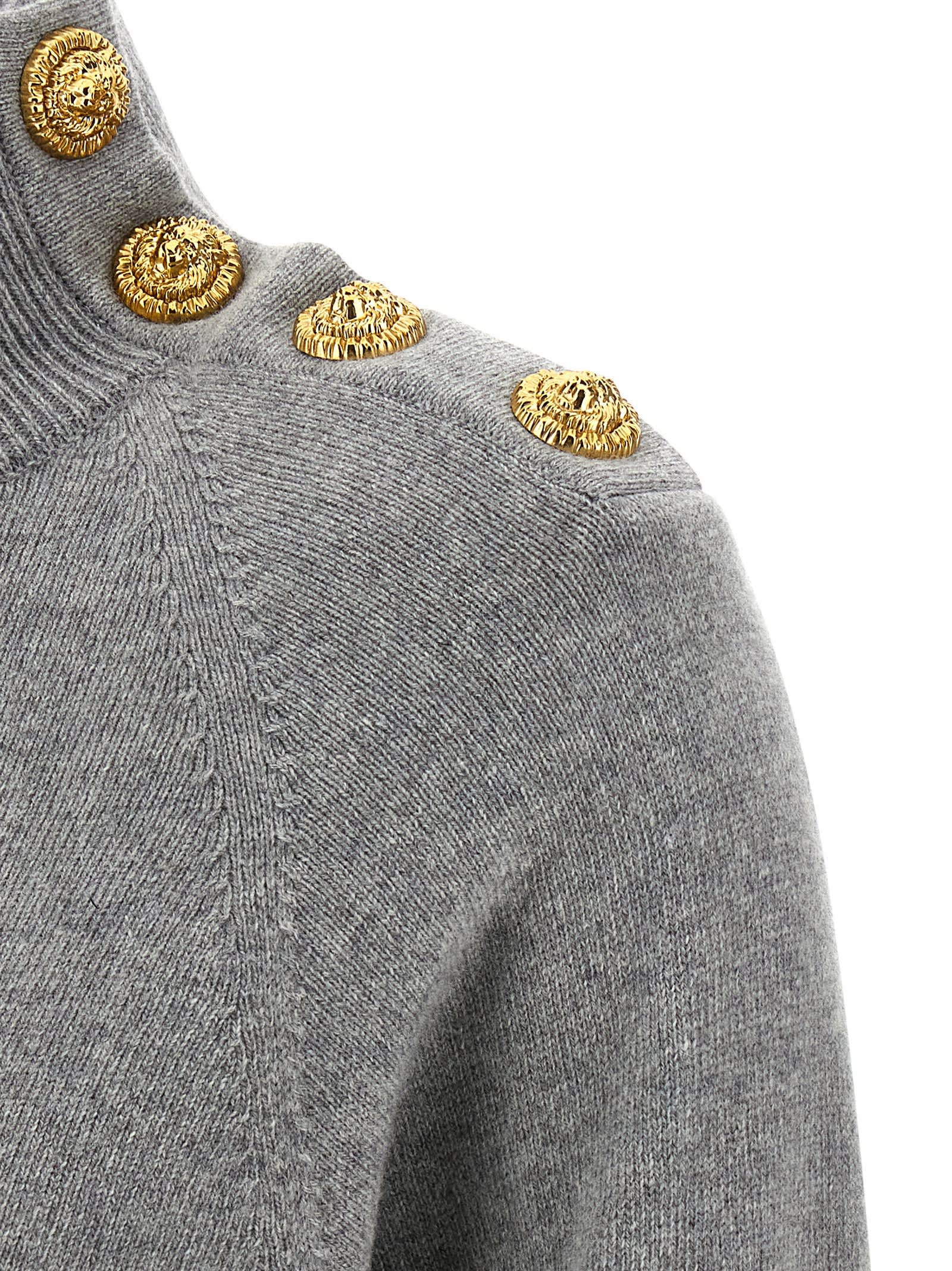 Balmain Cashmere Wool Turtleneck Dress Gold Button Detail In Gray