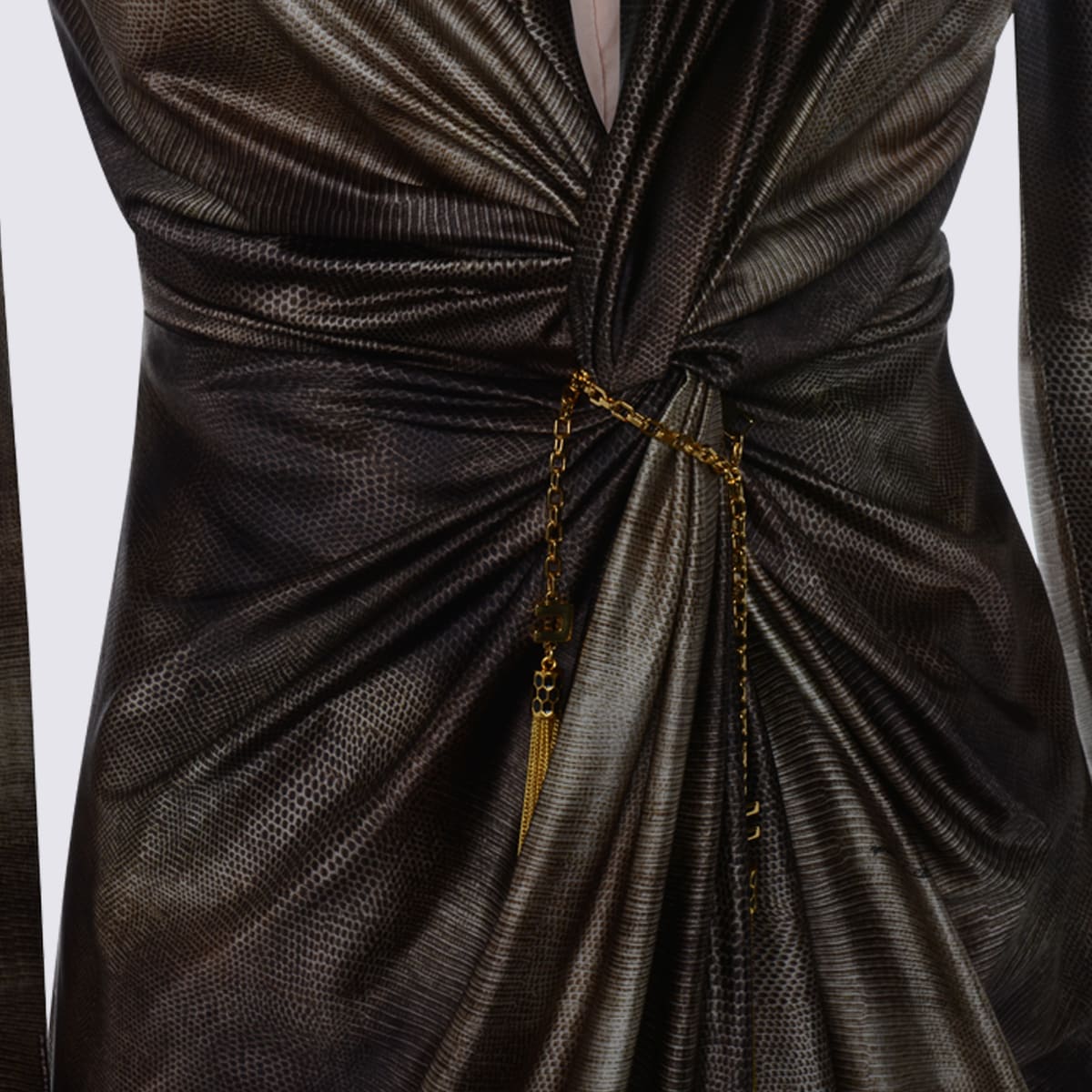 Elisabetta Franchi Draped Metallic Knee Length Dress With Sleeves In Brown