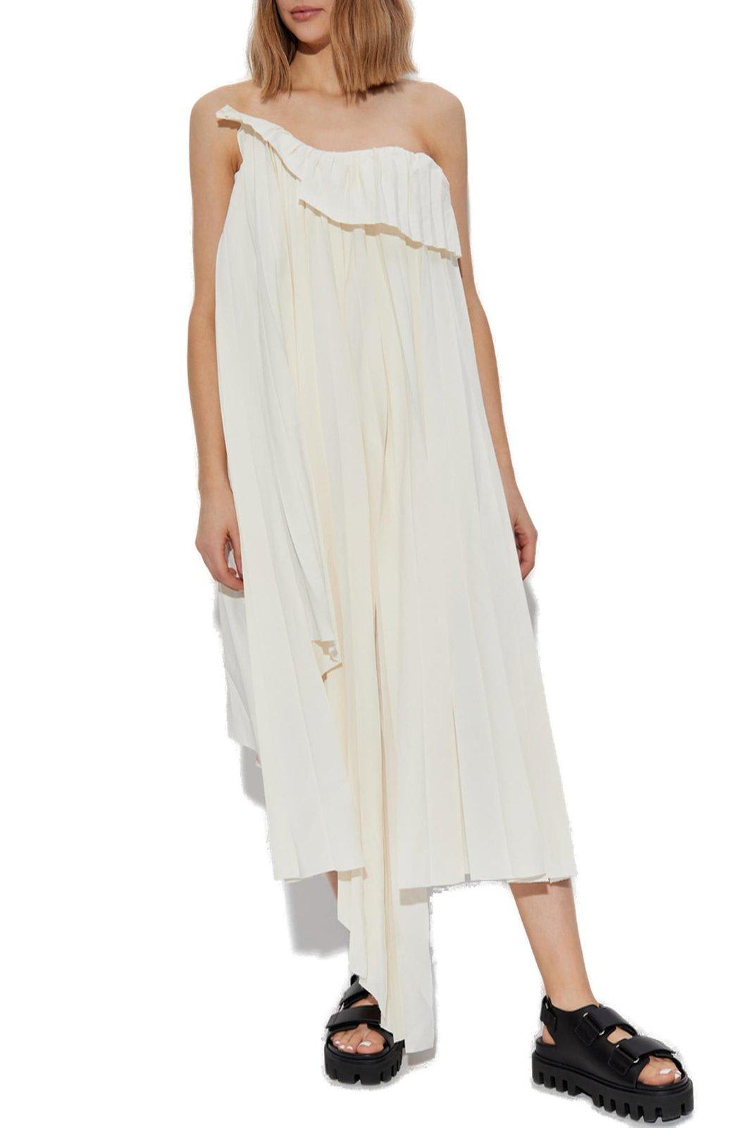Alexander Mcqueen Pleated Off-shoulder Dress In Ivory