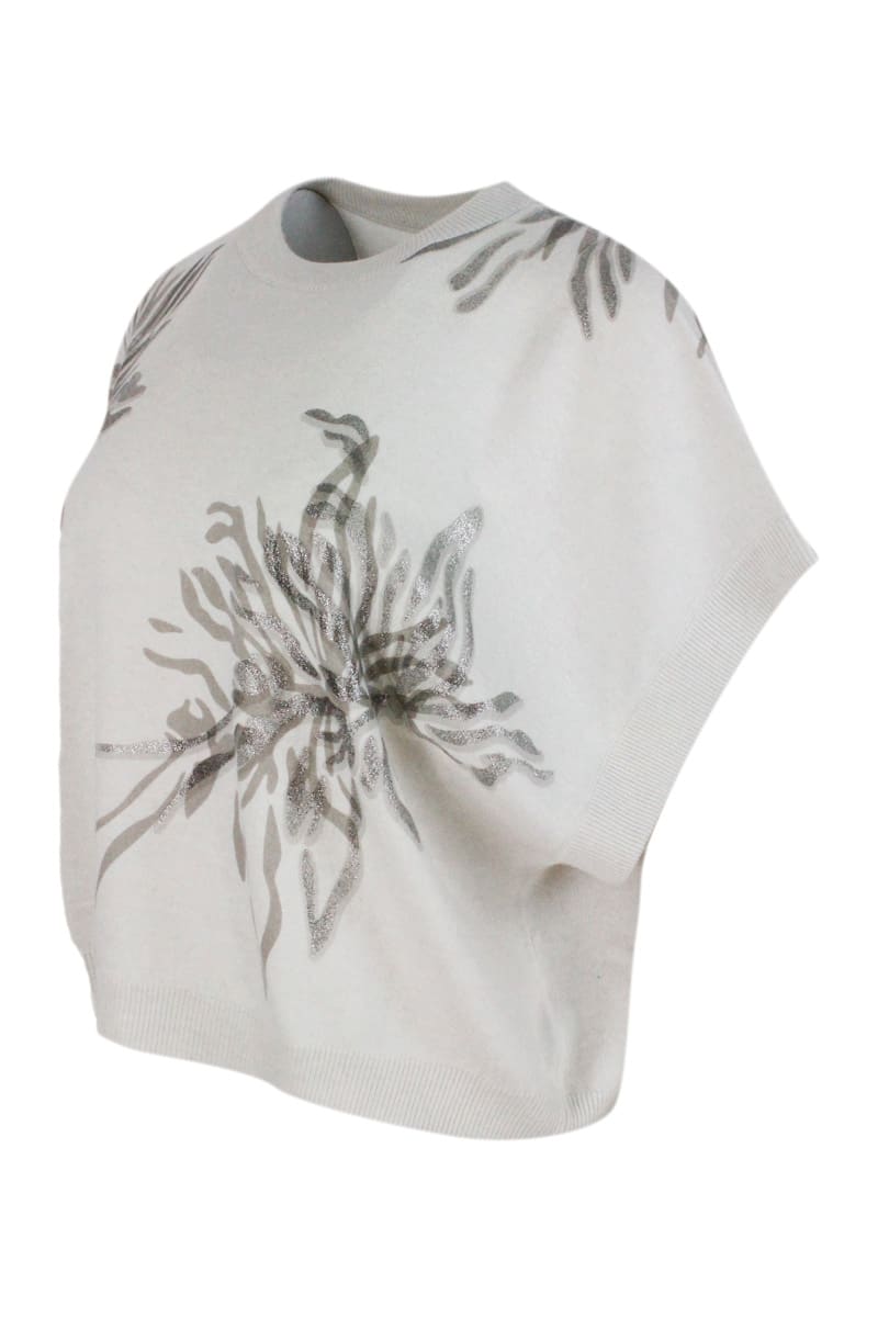 Shop Brunello Cucinelli Crewneck Sweater In Wool, Silk And Cashmere With Floral Print Embellished With Lurex In Cream