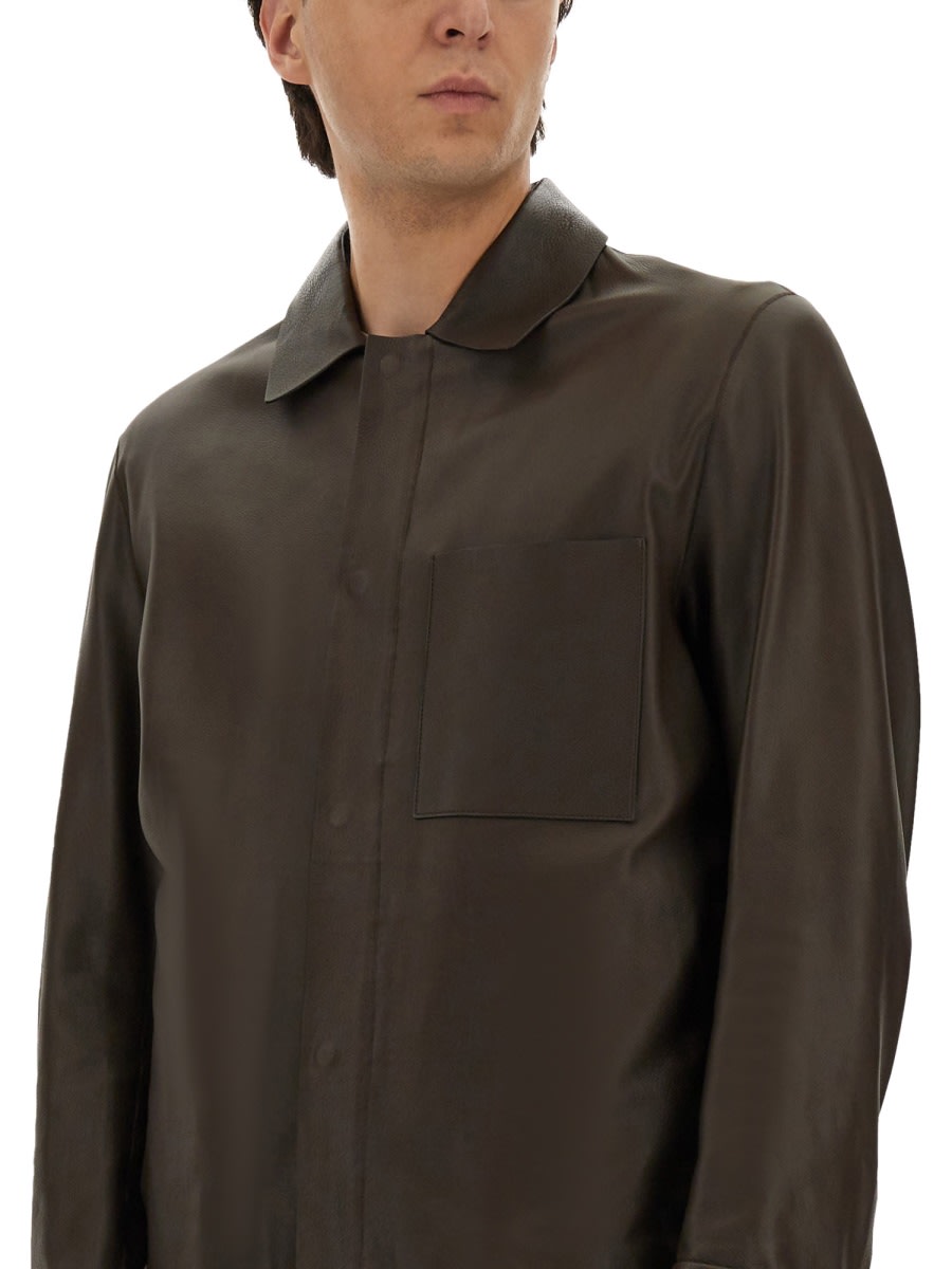 Hugo Boss Boss Camel Brown Leather Jacket With Classic Collar In Blue