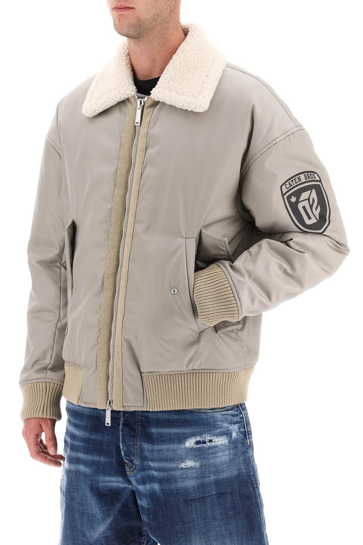 Shop Dsquared2 Padded Bomber Jacket With Collar In Lamb Fur In Stone (grey)