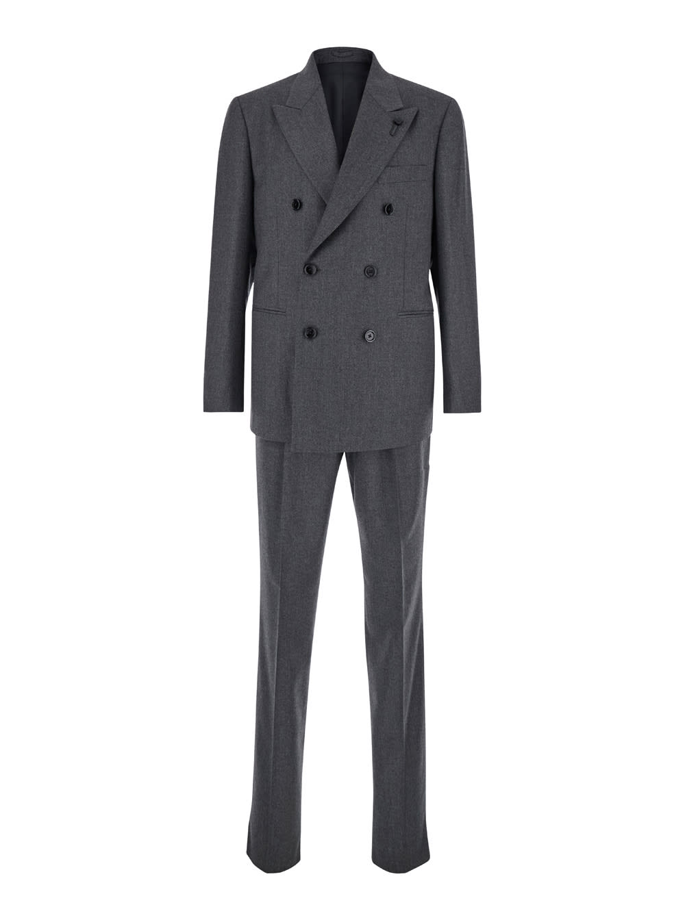 Shop Lardini Grey Double Breasted Suit With Peak Revers In Flanel Man