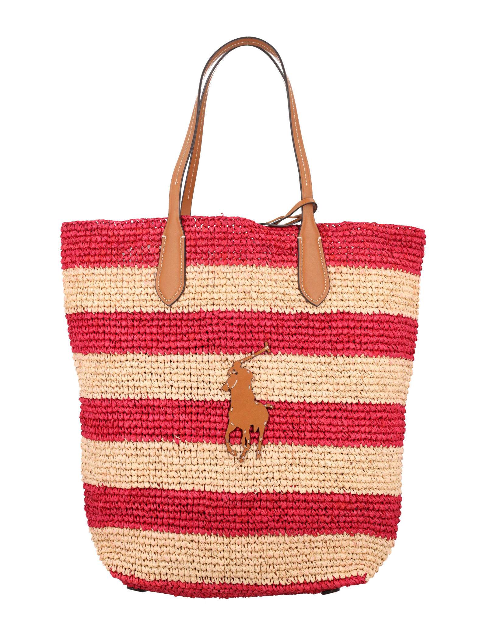 Polo Ralph Lauren Striped Straw Tote Bag In Natural Red