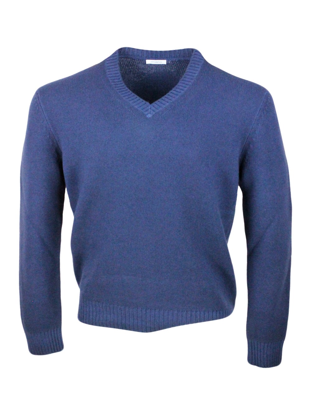 Malo Long-sleeved V-neck Sweater In 100% Fine And Soft Virgin Wool With English Rib Knit On The Neckline In Blu