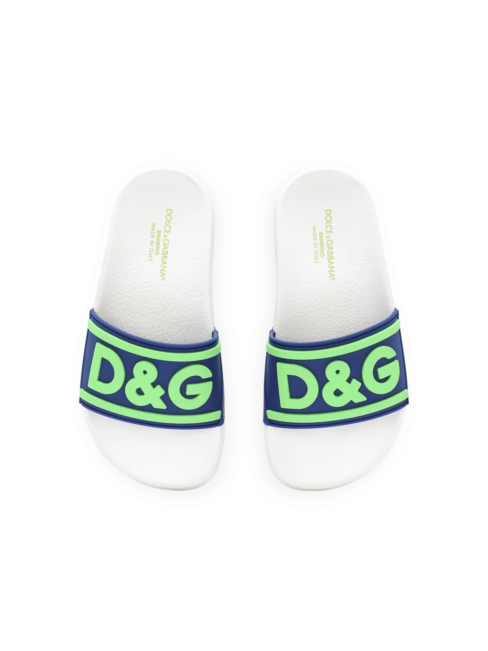 Shop Dolce & Gabbana Blue And White Slippers With Fluo D&g Logo
