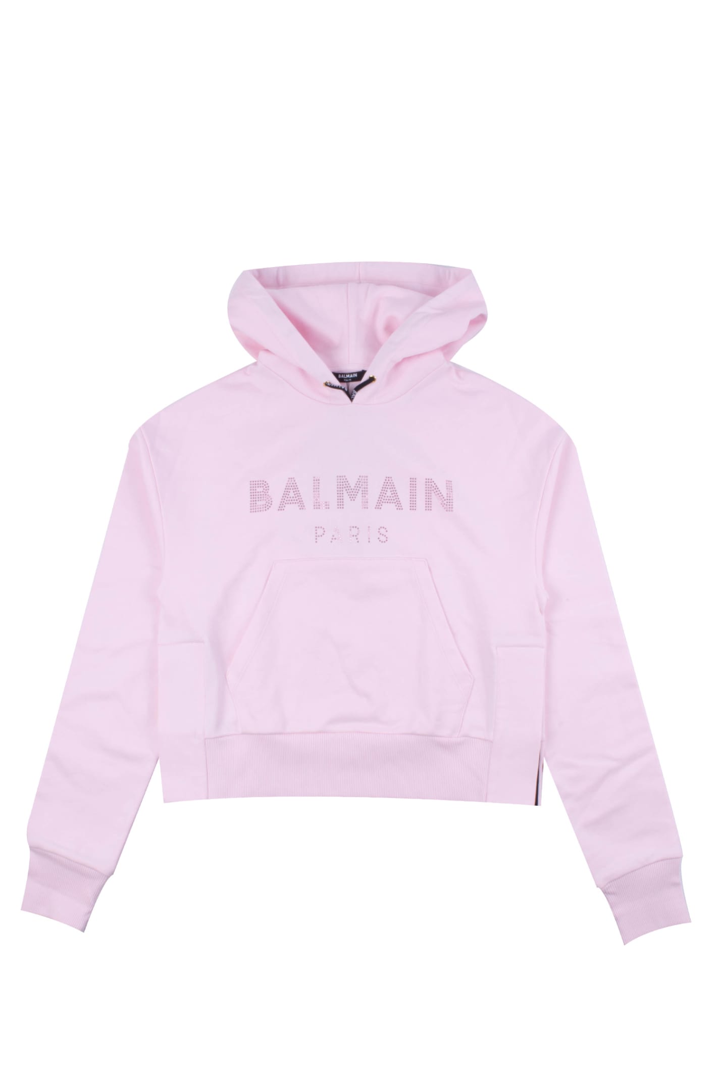 Cropped Pale Pink Cotton Sweatshirt With Rhinestone Balmain Logo