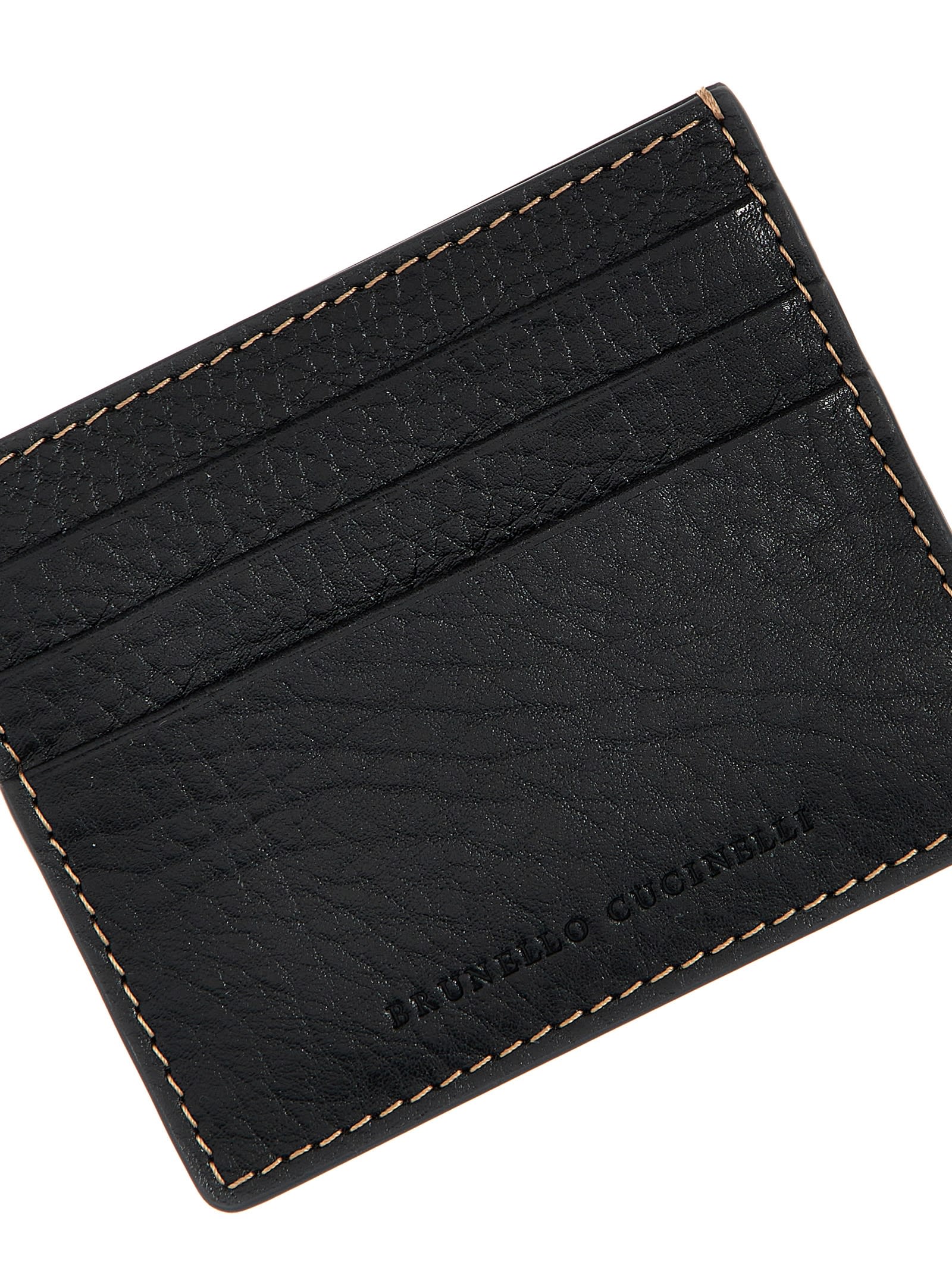 Brunello Cucinelli Compact Textured Cardholder Contrast Stitching In Black