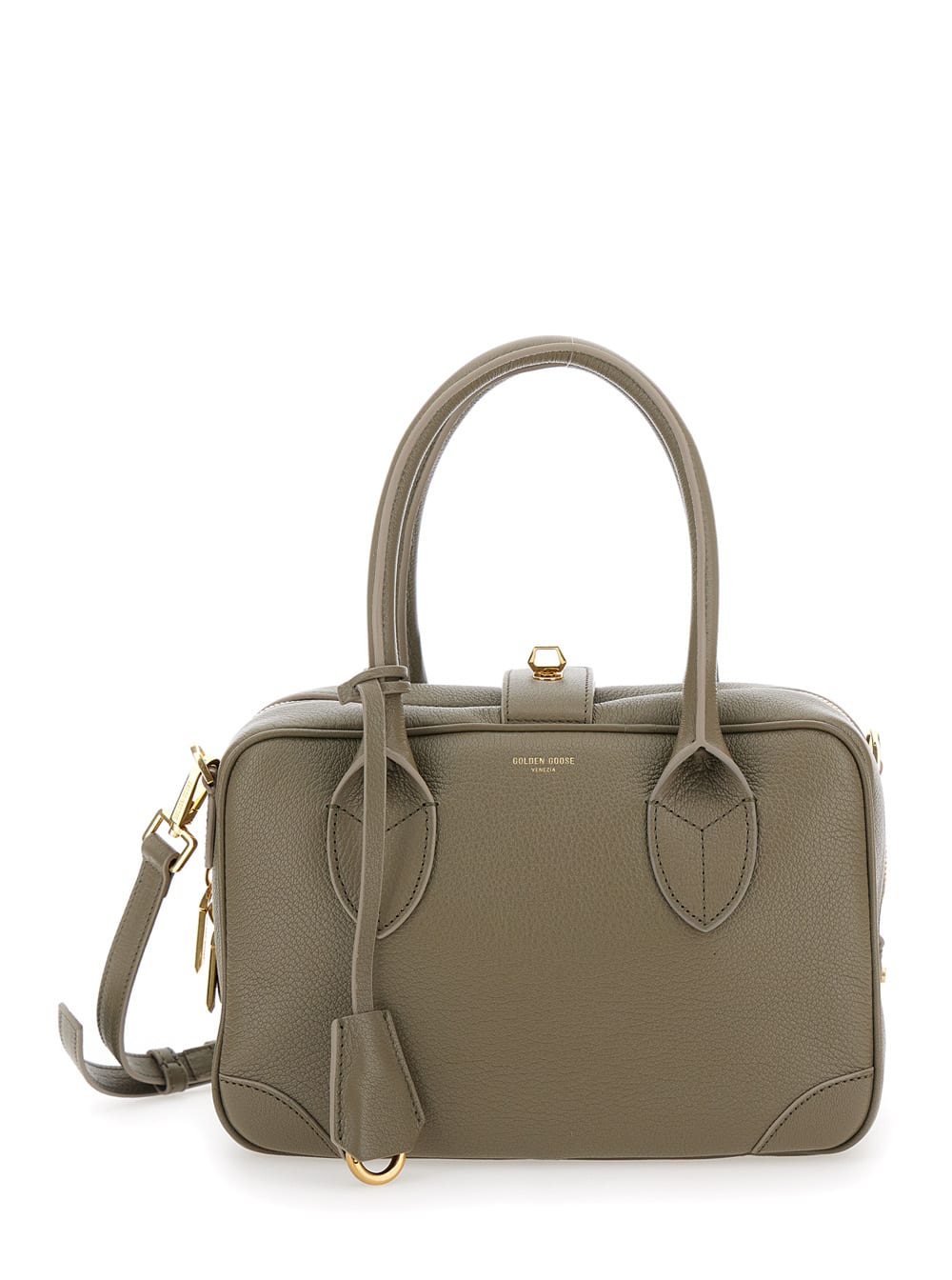 Shop Golden Goose Vita Beige Handbag With Laminated Logo In Hammered Leather Woman In Green