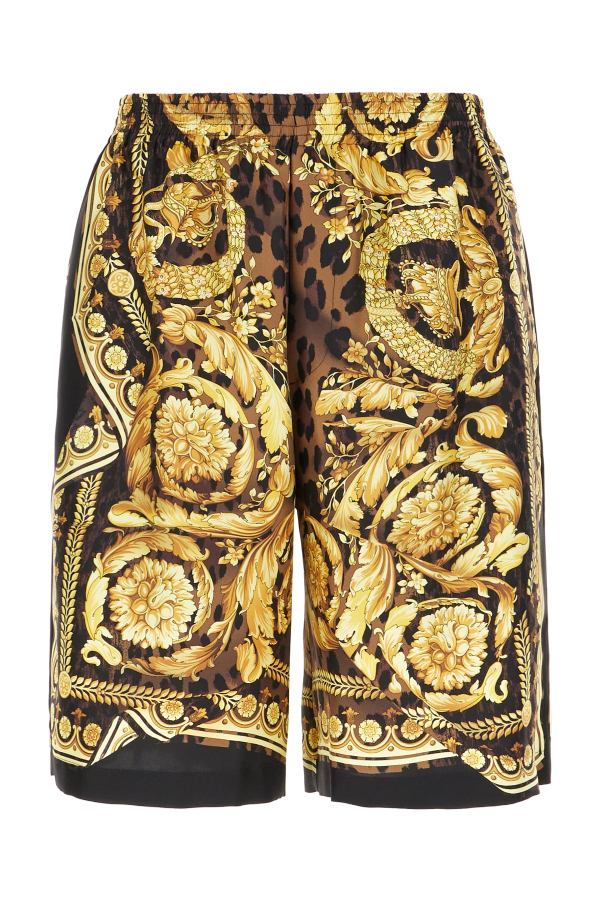 Versace Printed Silk Bermuda Shorts In Chestnut Gold