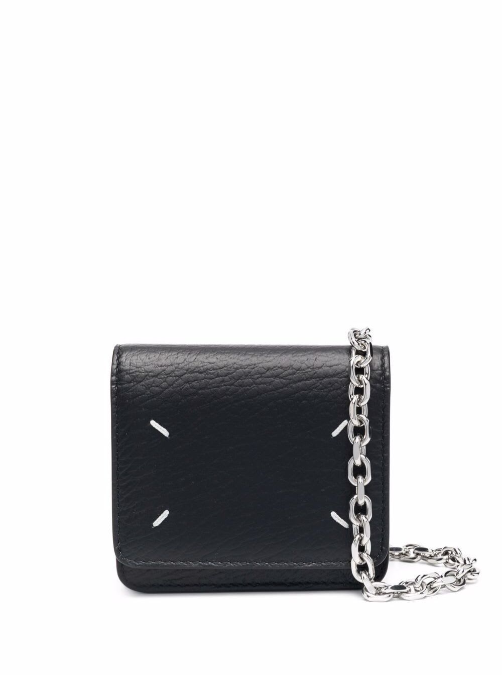 Shop Maison Margiela Black Wallet With Silver-tone Chain And Stitching Detail In Leather Woman