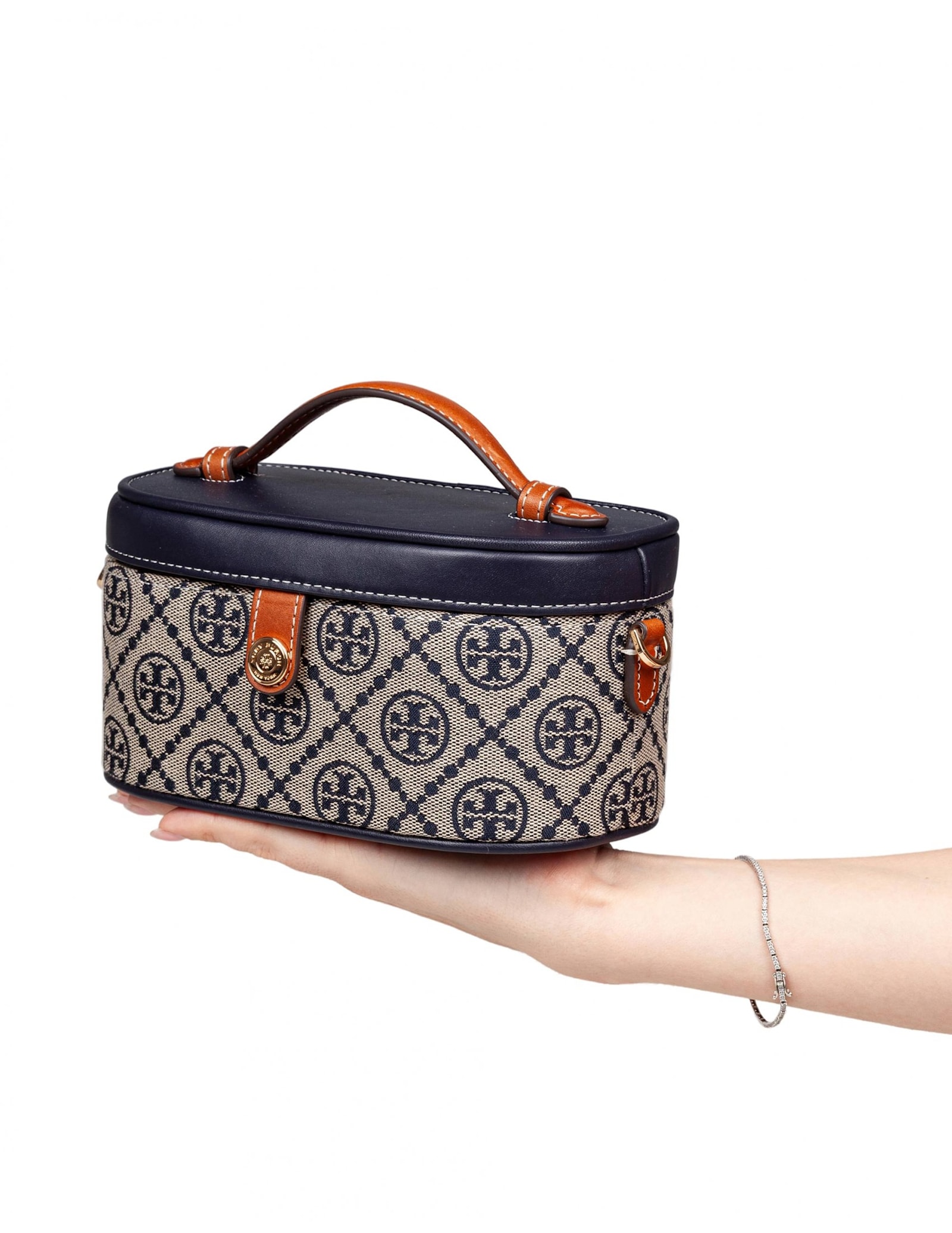 Tory Burch Leather And T Monogram Fabric Vanity Case In Blue