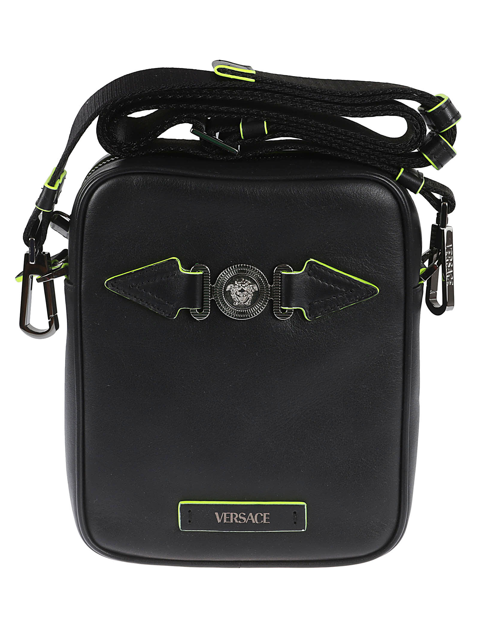 Versace Logo Patch Arrow Shoulder Bag In Black/yellow