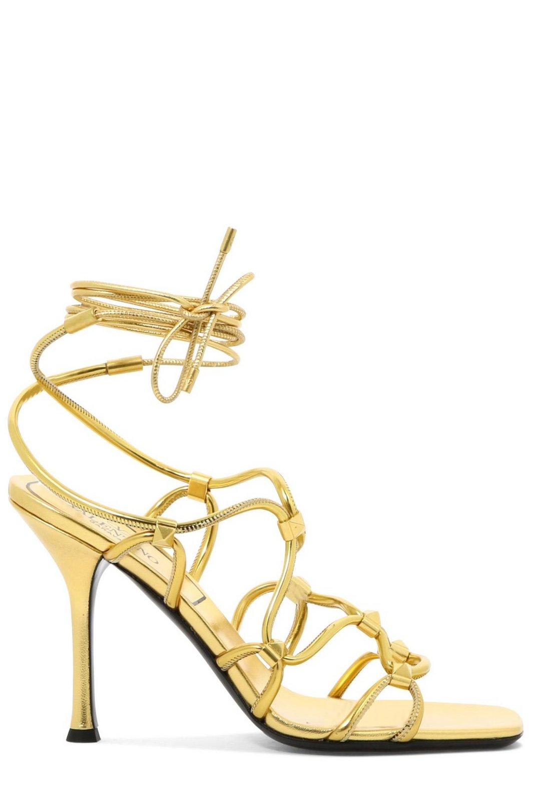 Valentino Rockstud Net 100 Metallic Leather Sandals In Oro