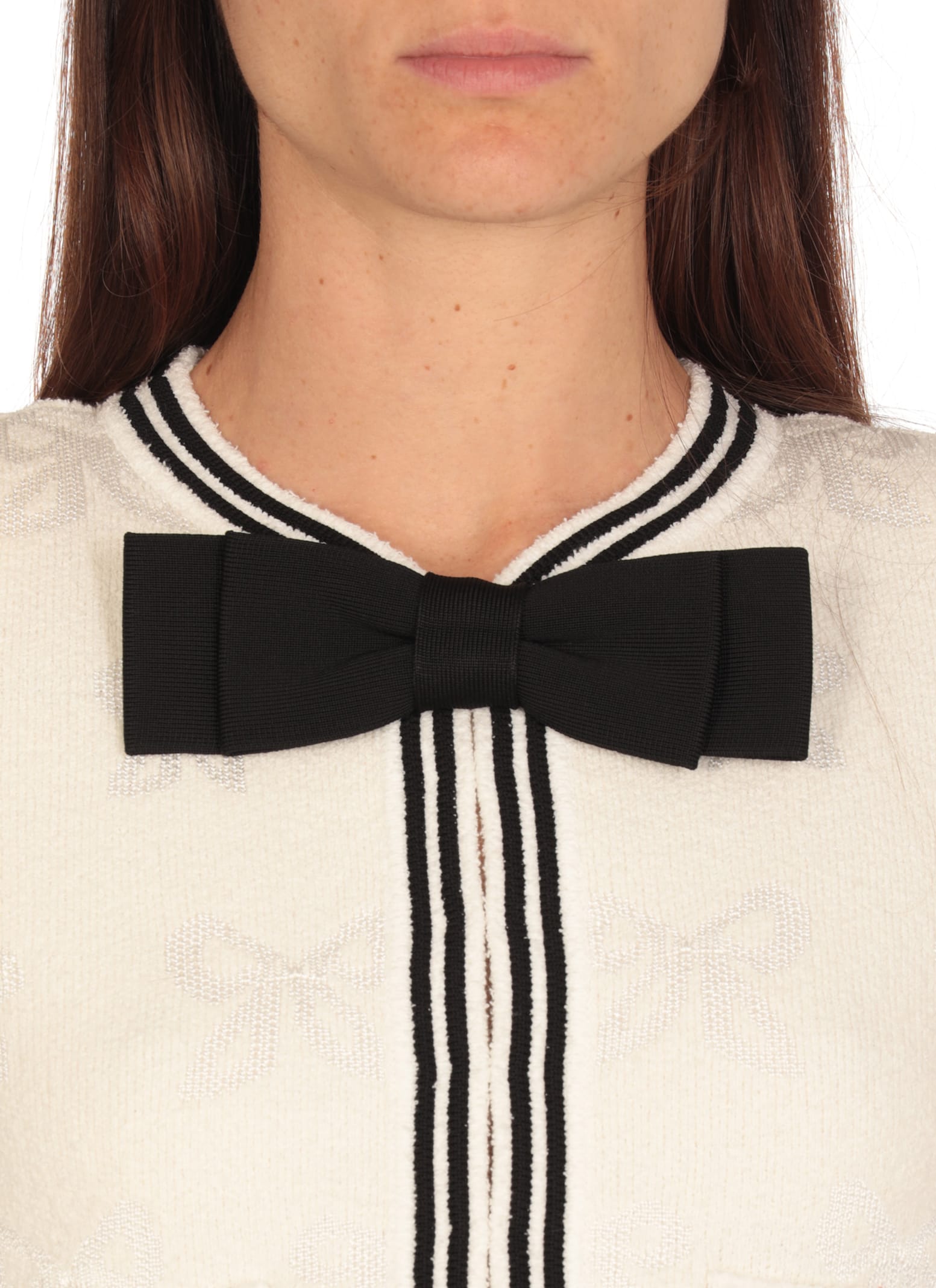 Self-portrait Beige Cardigan With Bow Detail On The Front And Contrasting Trims In Cotton Blend Woman In Ivory