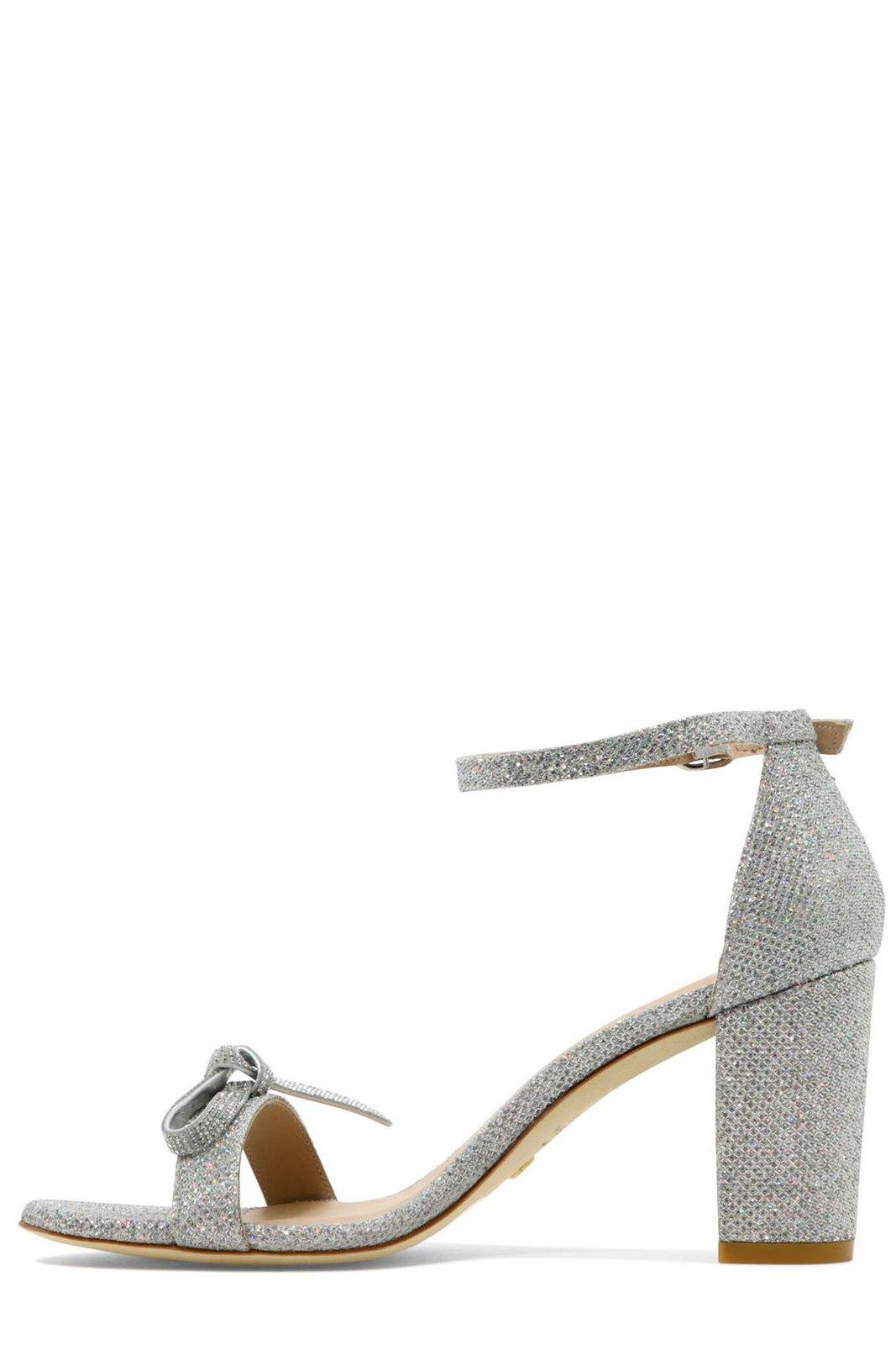 Shop Stuart Weitzman Nearlynude Bow Strap Heeled Sandals In Crystal Silver