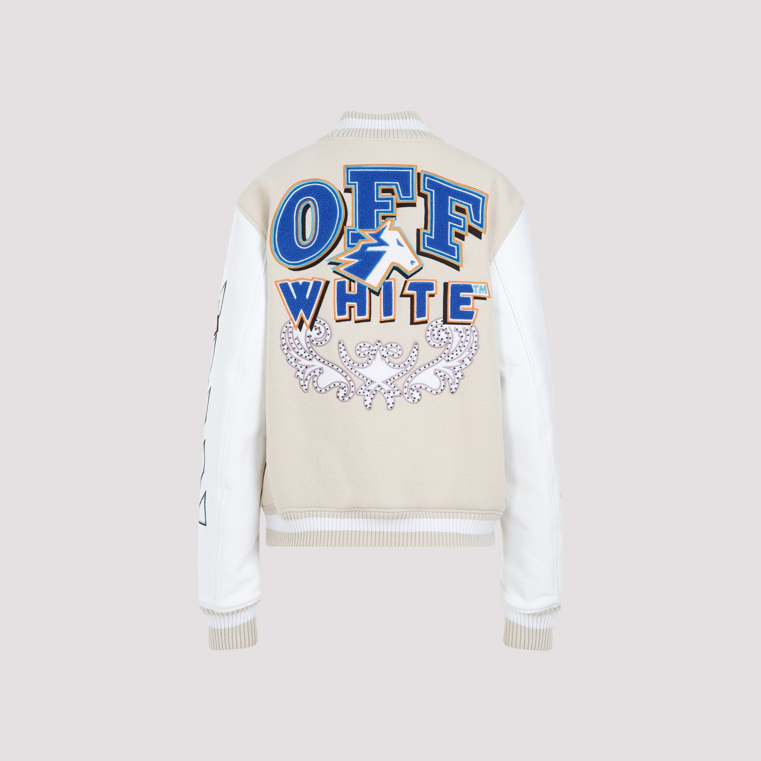 Shop Off-white Thunderbolt Varsity Bomber Jacket In Beige White