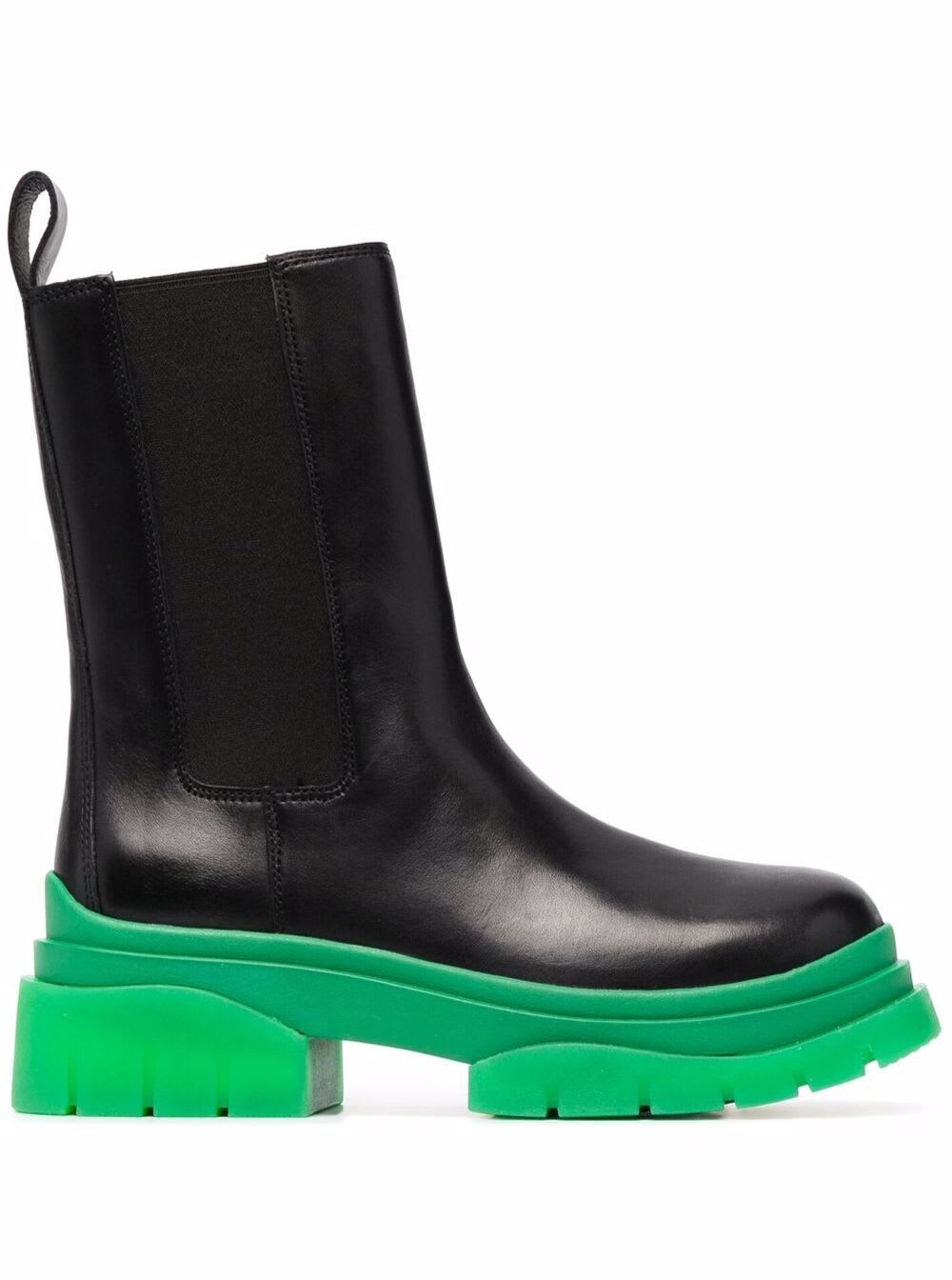 Ash Black Leather Boots With Green Chunky Sole