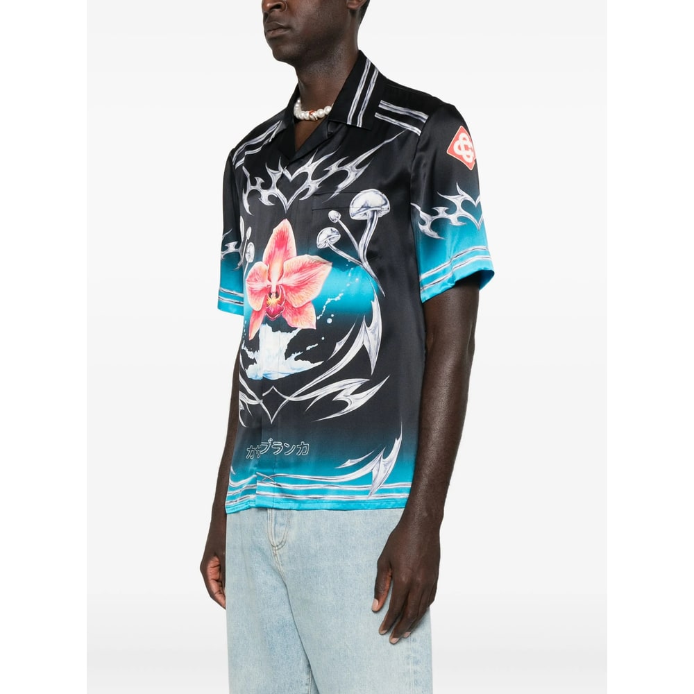 Casablanca Black Blades Short Sleeve Silk Satin Shirt In Multi
