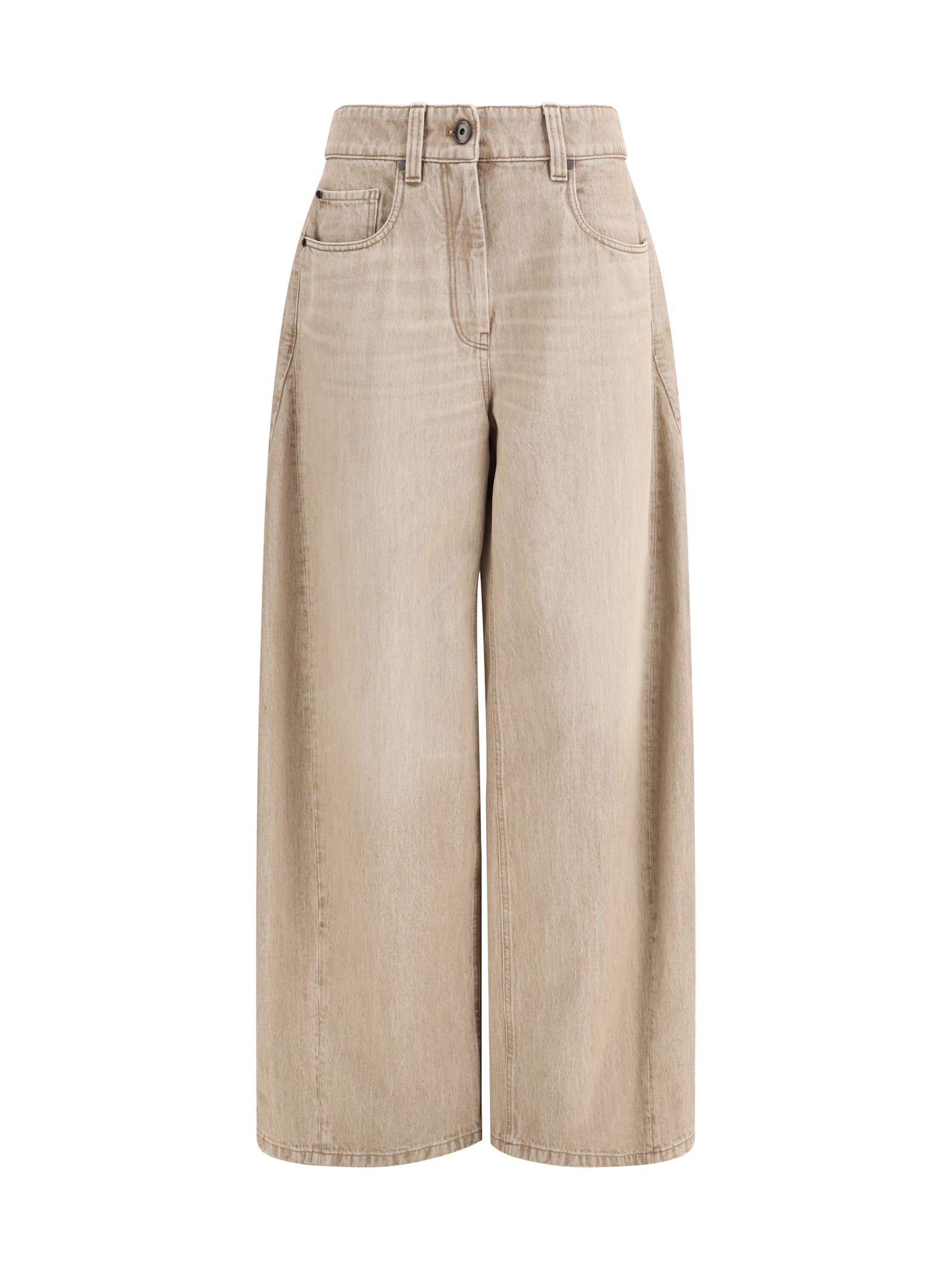 Brunello Cucinelli Women Beige Authentic Denim Wide Jeans With Monili In Brown